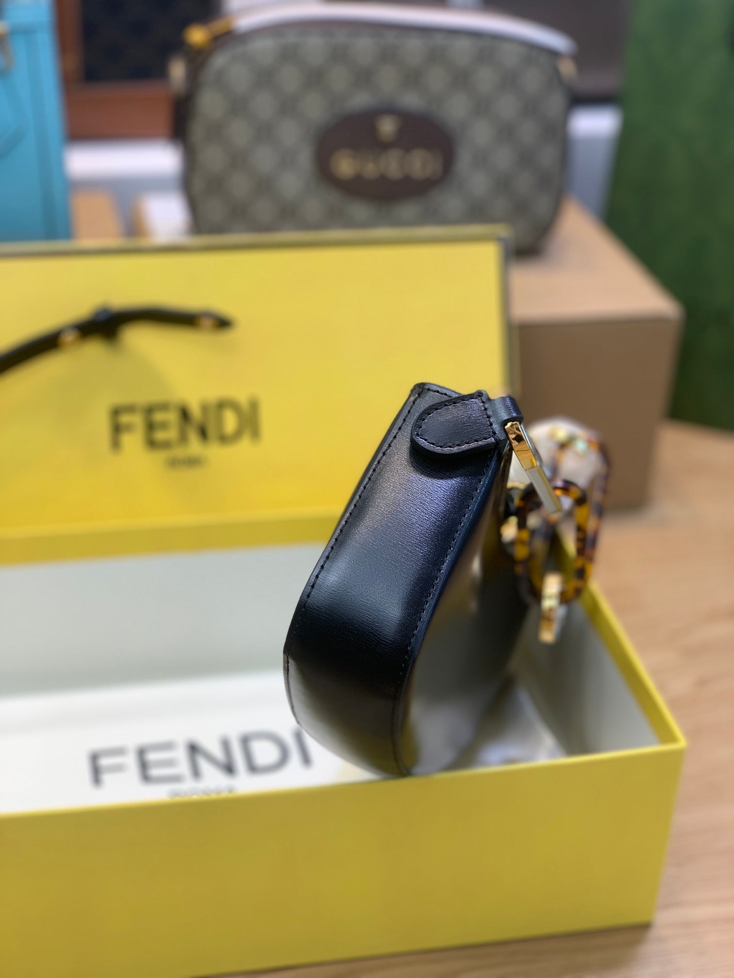 Fendi Roma Small Black Leather Crescent Shoulder Bag with Signature Box