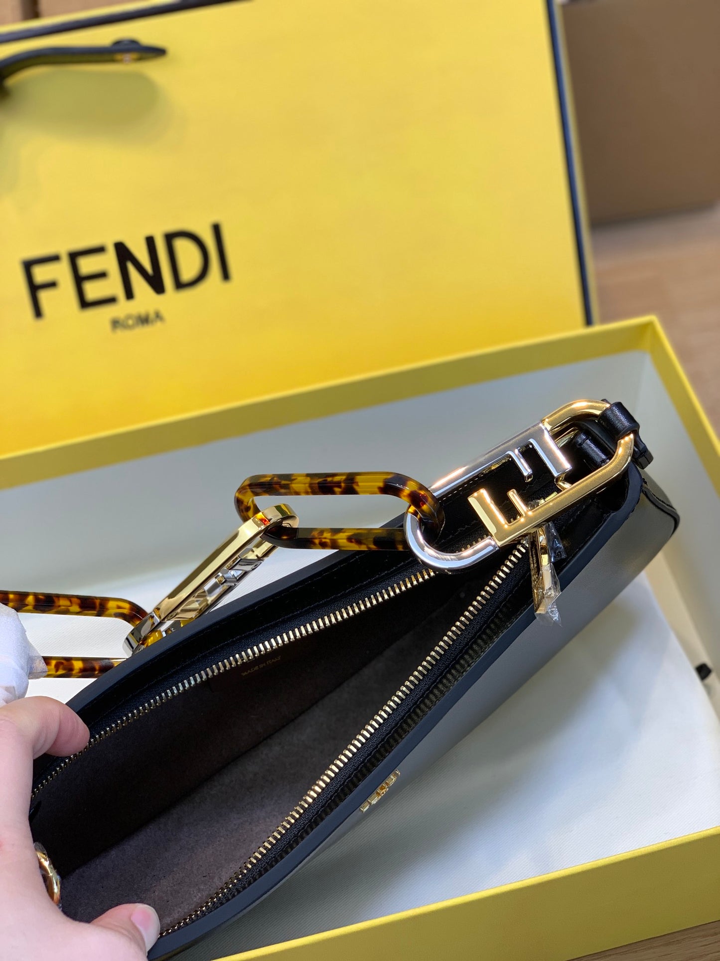 Fendi Roma Small Black Leather Crescent Shoulder Bag with Signature Box