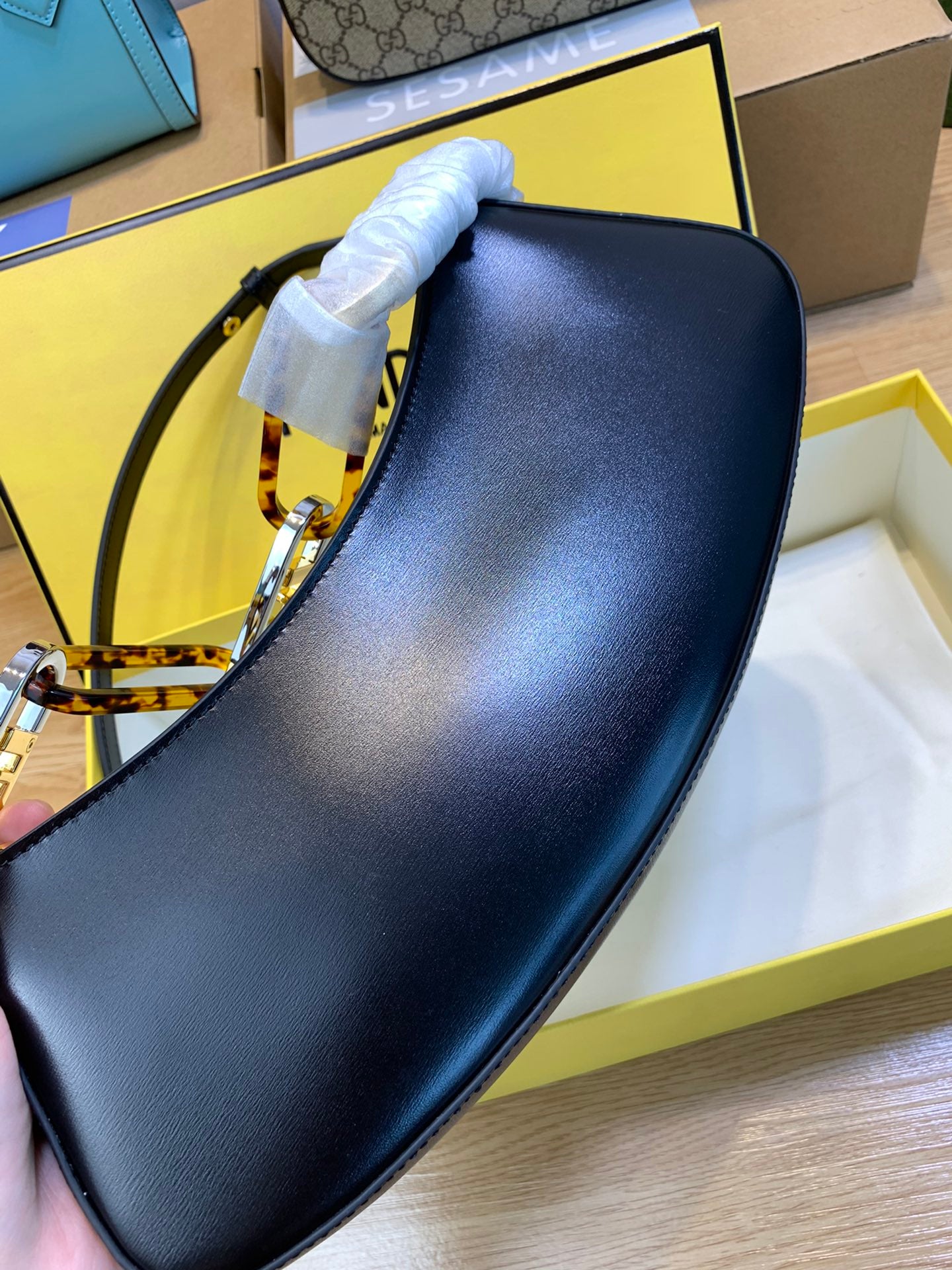 Fendi Roma Small Black Leather Crescent Shoulder Bag with Signature Box