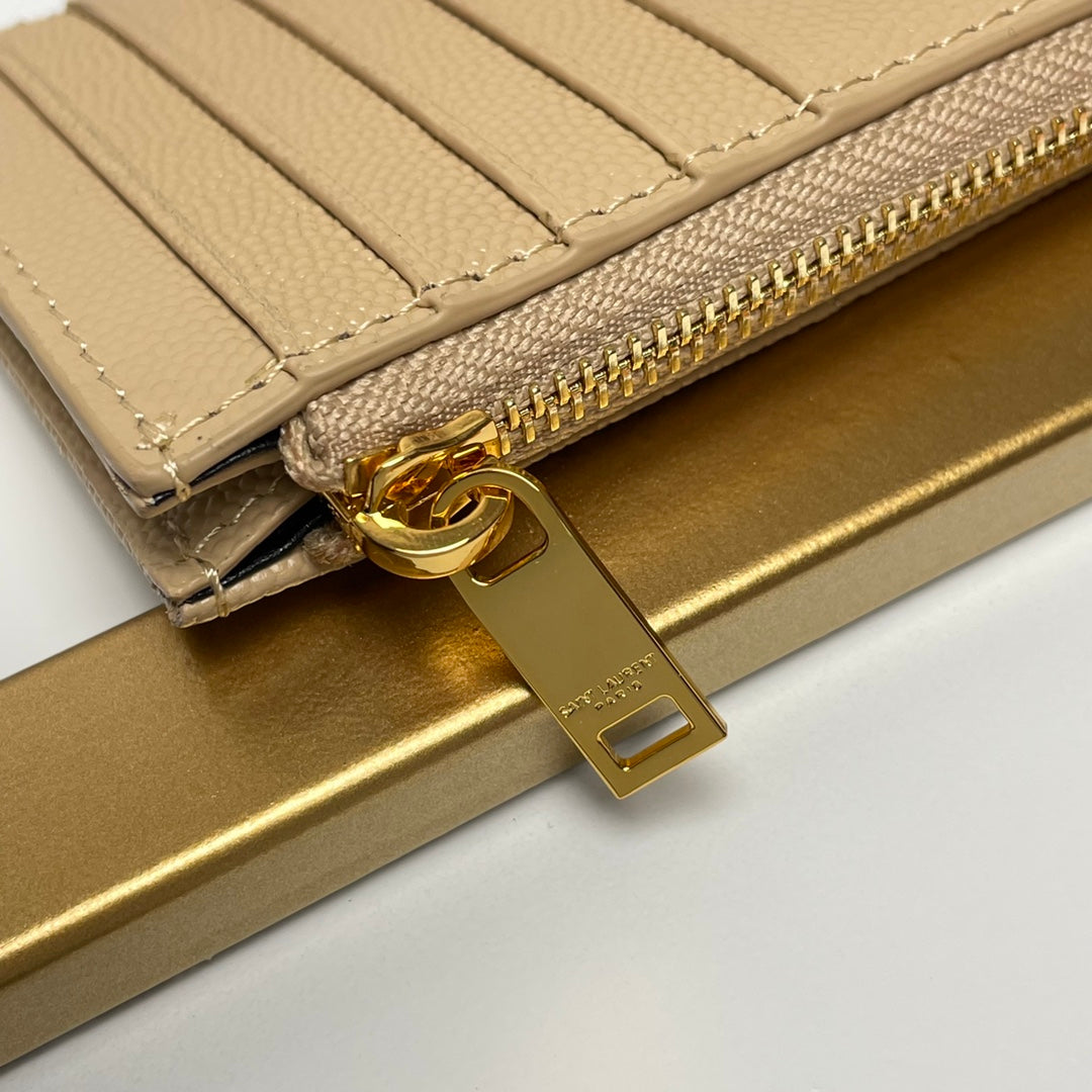 Saint Laurent Monogram Fragments Zipped Card Case in Quilted Leather - Beige