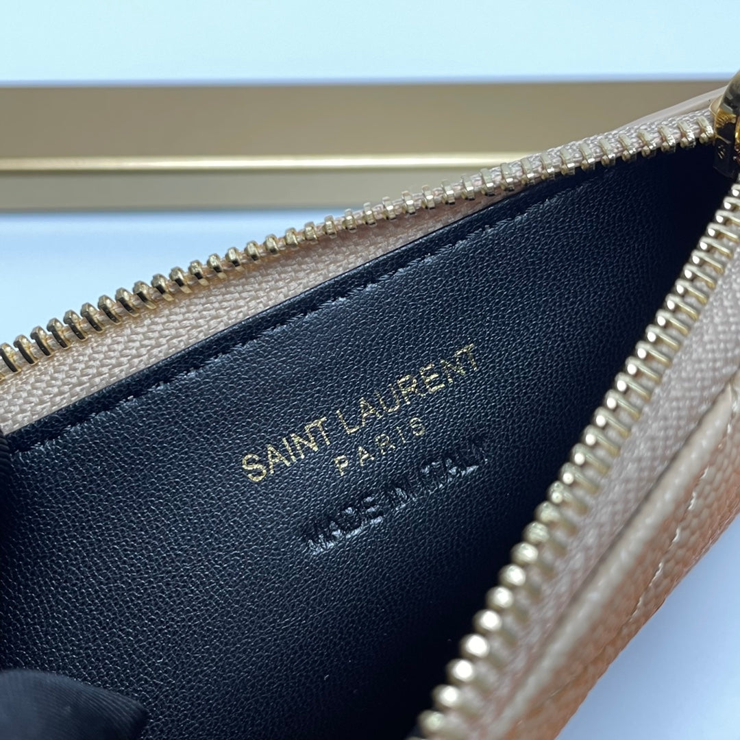 Saint Laurent Monogram Fragments Zipped Card Case in Quilted Leather - Beige