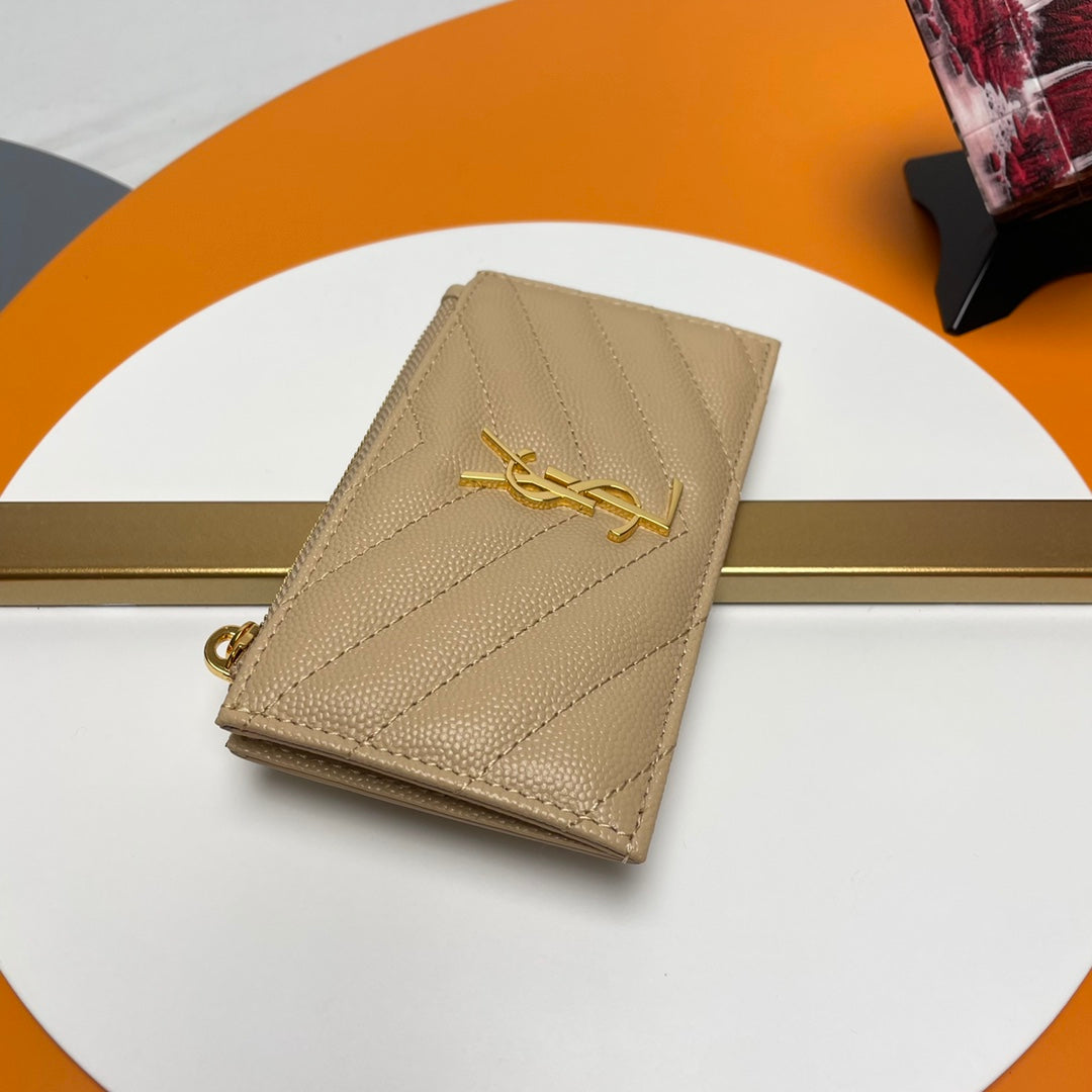 Saint Laurent Monogram Fragments Zipped Card Case in Quilted Leather - Beige