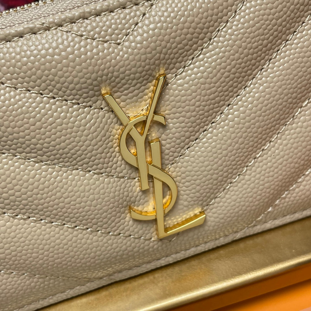 Saint Laurent Monogram Fragments Zipped Card Case in Quilted Leather - Beige