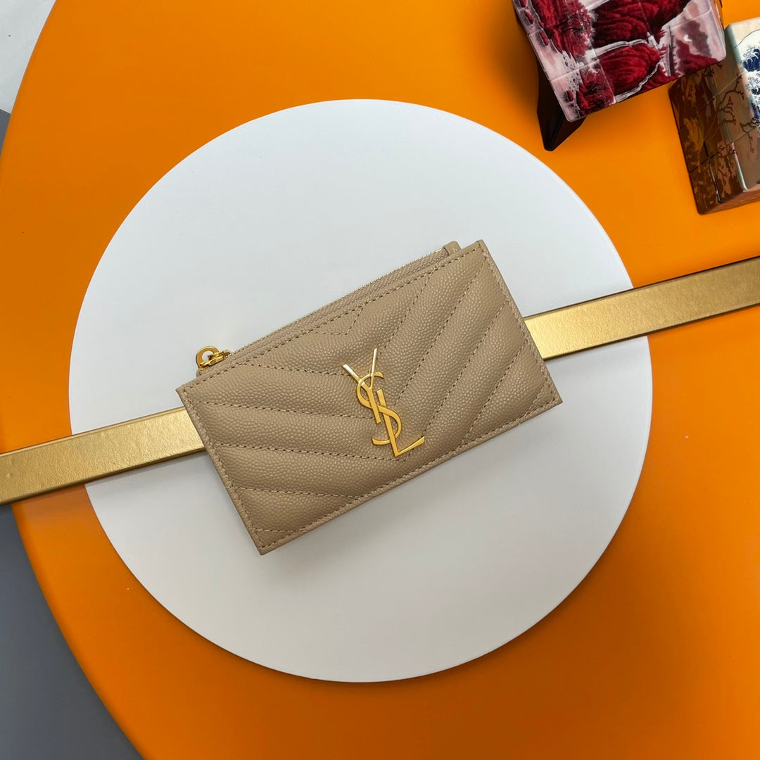 Saint Laurent Monogram Fragments Zipped Card Case in Quilted Leather - Beige