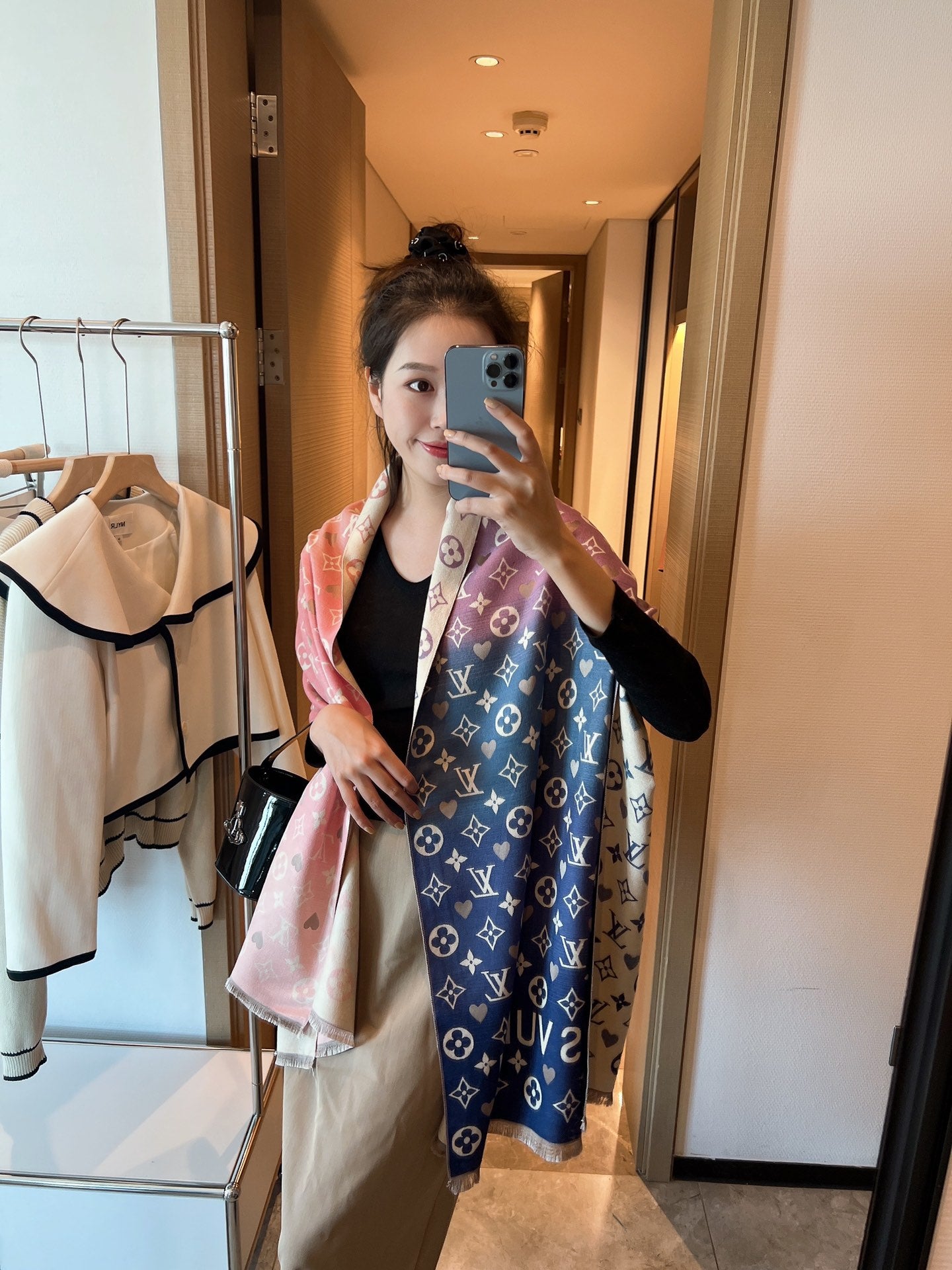 Women's Monogram Print Shawl Scarf - Pink and Navy Blue Gradient Large Pashmina Wrap