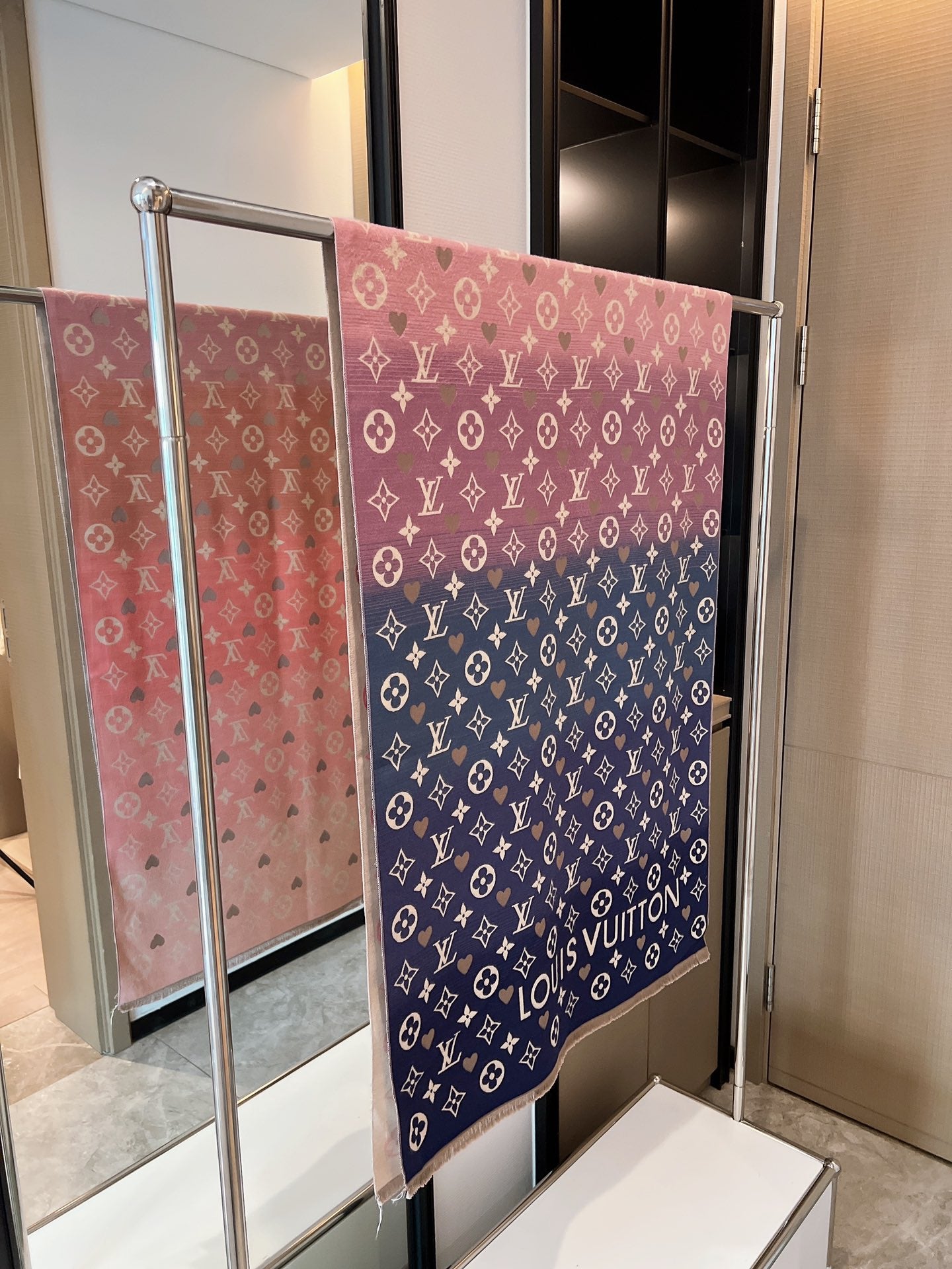 Women's Monogram Print Shawl Scarf - Pink and Navy Blue Gradient Large Pashmina Wrap