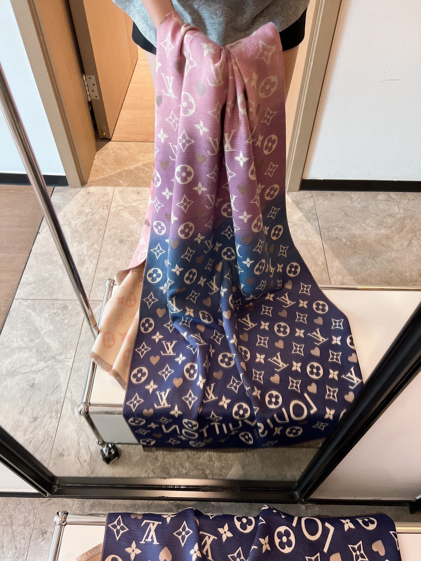 Women's Monogram Print Shawl Scarf - Pink and Navy Blue Gradient Large Pashmina Wrap