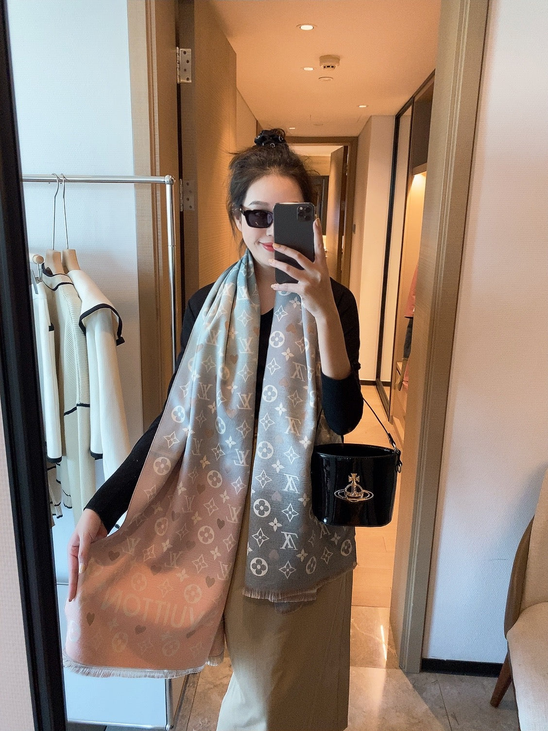 Women's Monogram Print Shawl Scarf - Pink and Navy Blue Gradient Large Pashmina Wrap