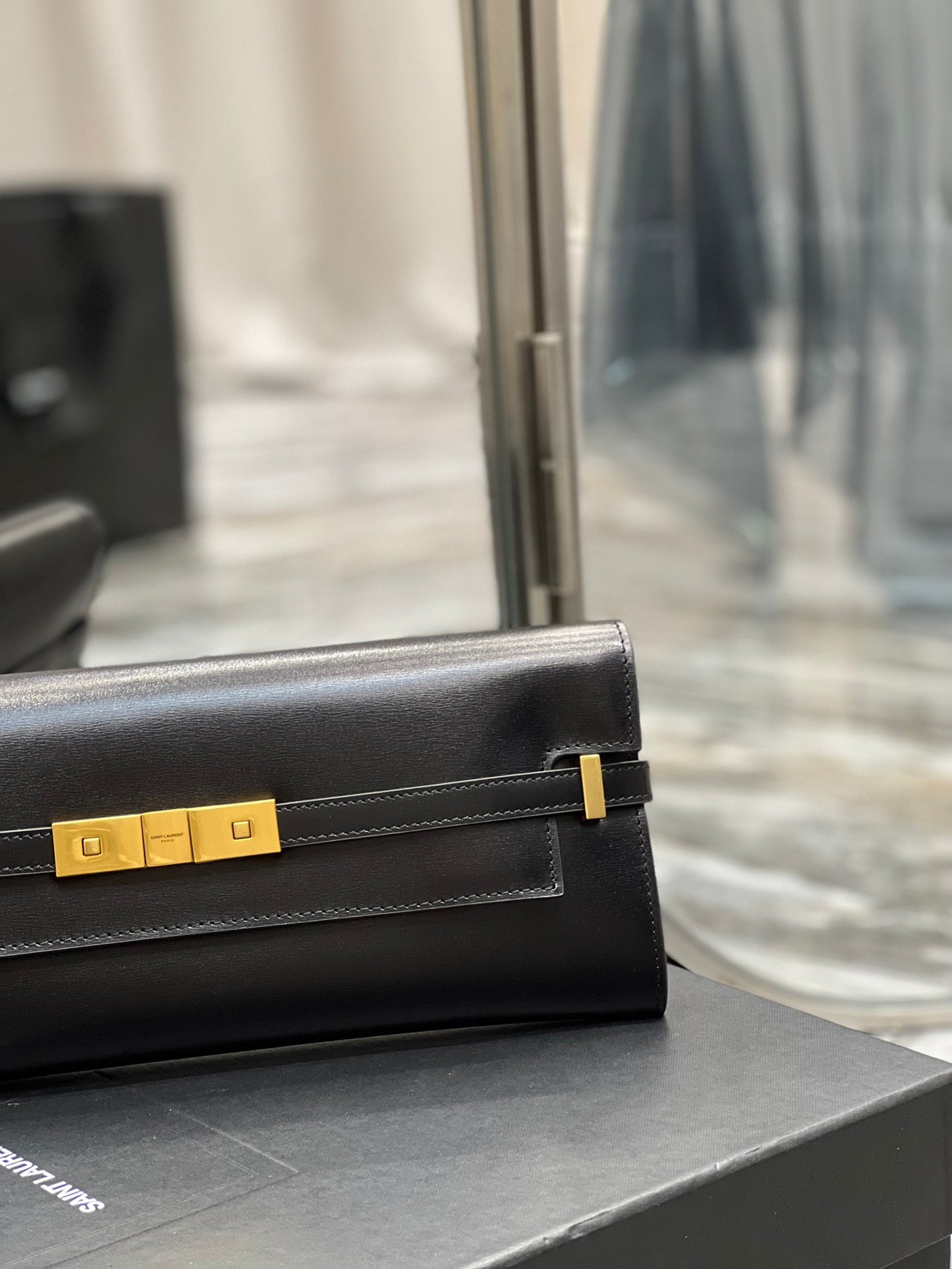 Sophisticated Black Leather Evening Clutch Bag with Gold-Tone Hardware