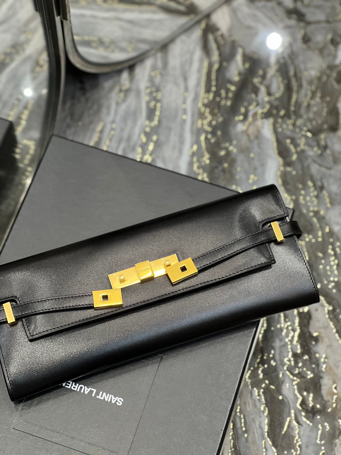 Sophisticated Black Leather Evening Clutch Bag with Gold-Tone Hardware