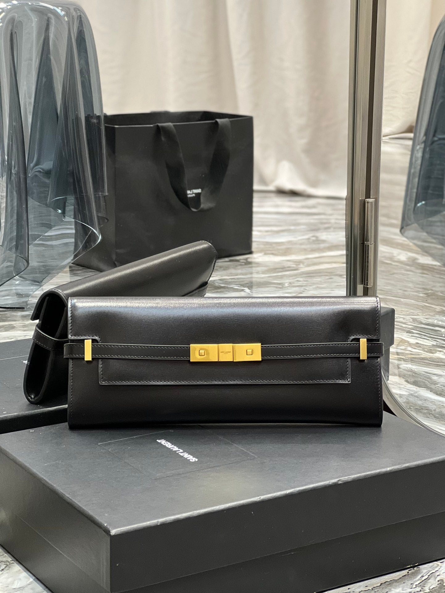Sophisticated Black Leather Evening Clutch Bag with Gold-Tone Hardware