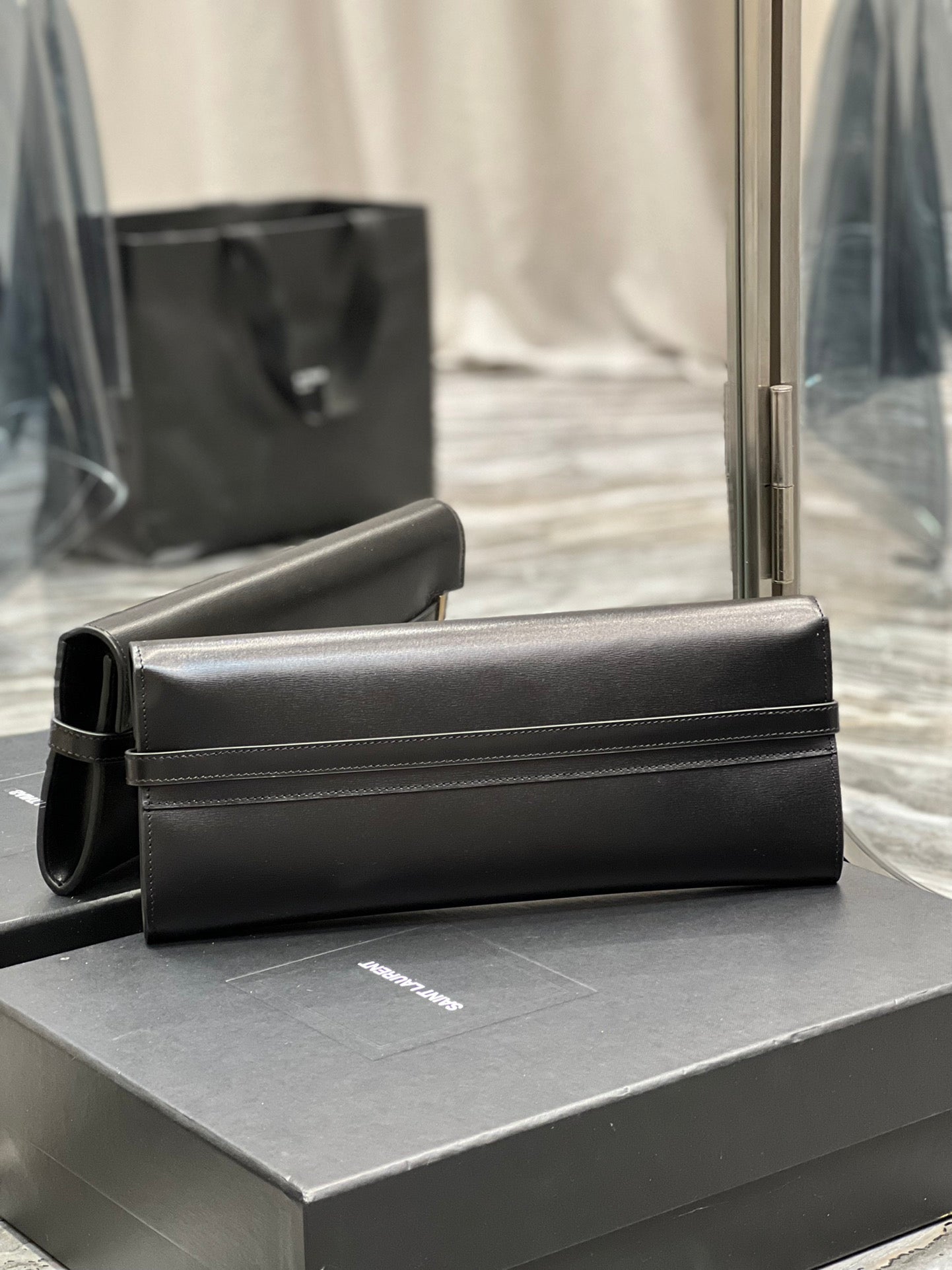 Sophisticated Black Leather Evening Clutch Bag with Gold-Tone Hardware