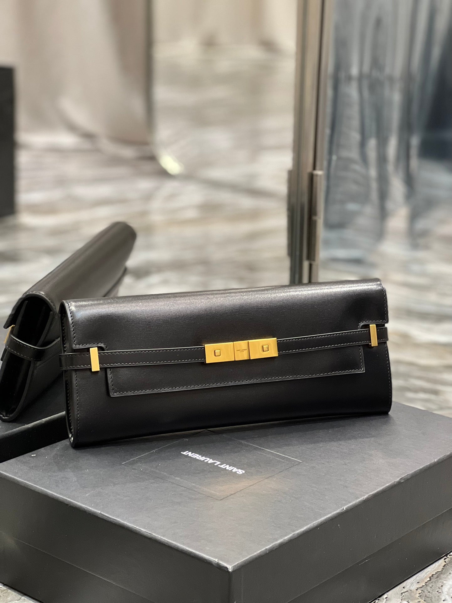 Sophisticated Black Leather Evening Clutch Bag with Gold-Tone Hardware