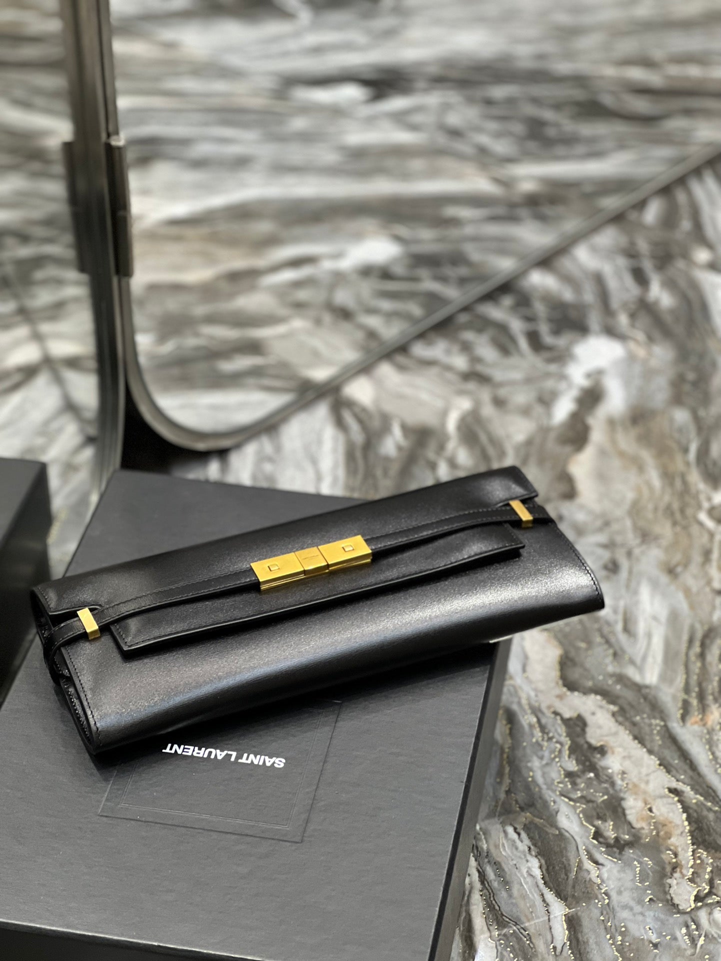 Sophisticated Black Leather Evening Clutch Bag with Gold-Tone Hardware