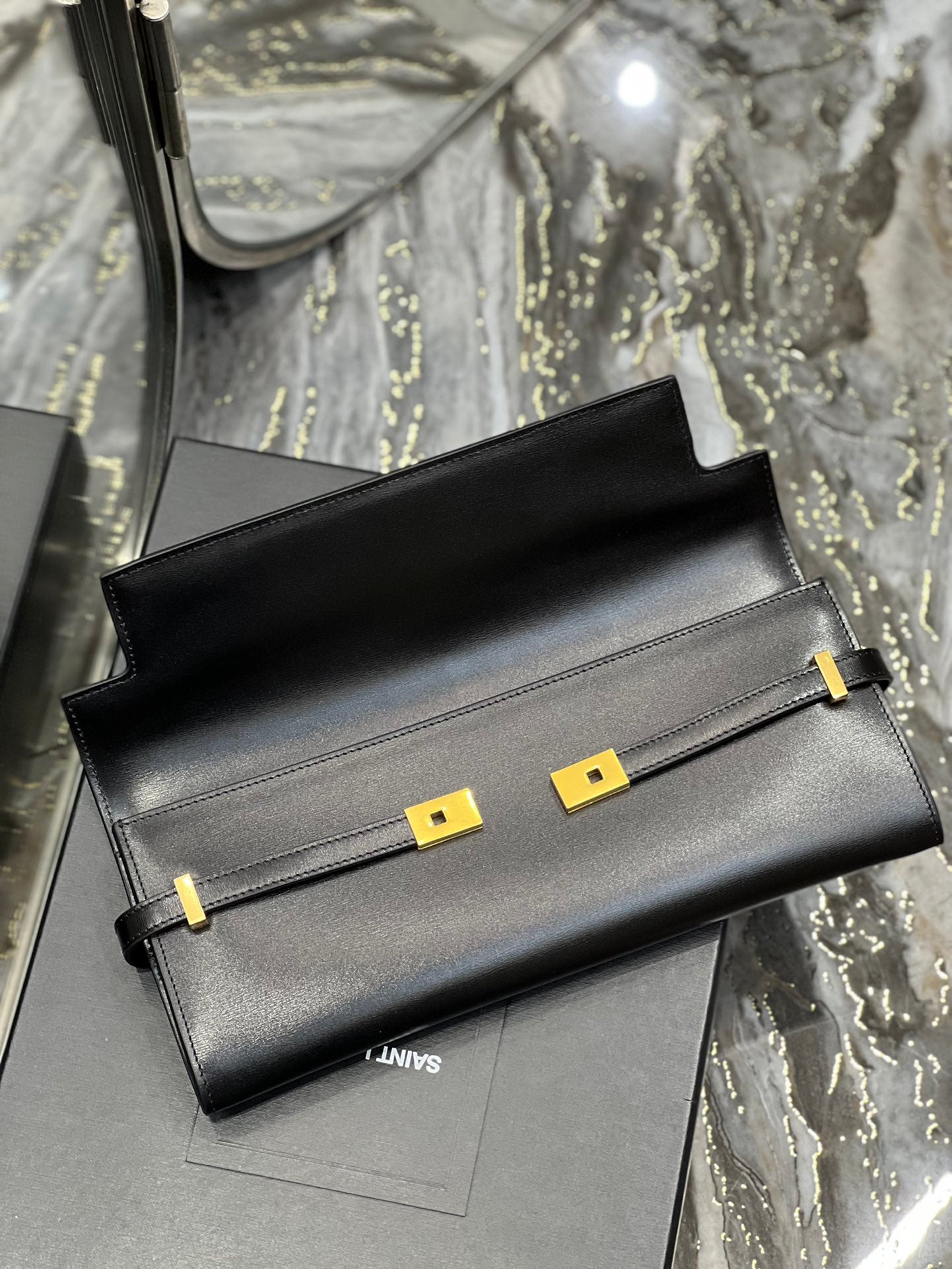 Sophisticated Black Leather Evening Clutch Bag with Gold-Tone Hardware