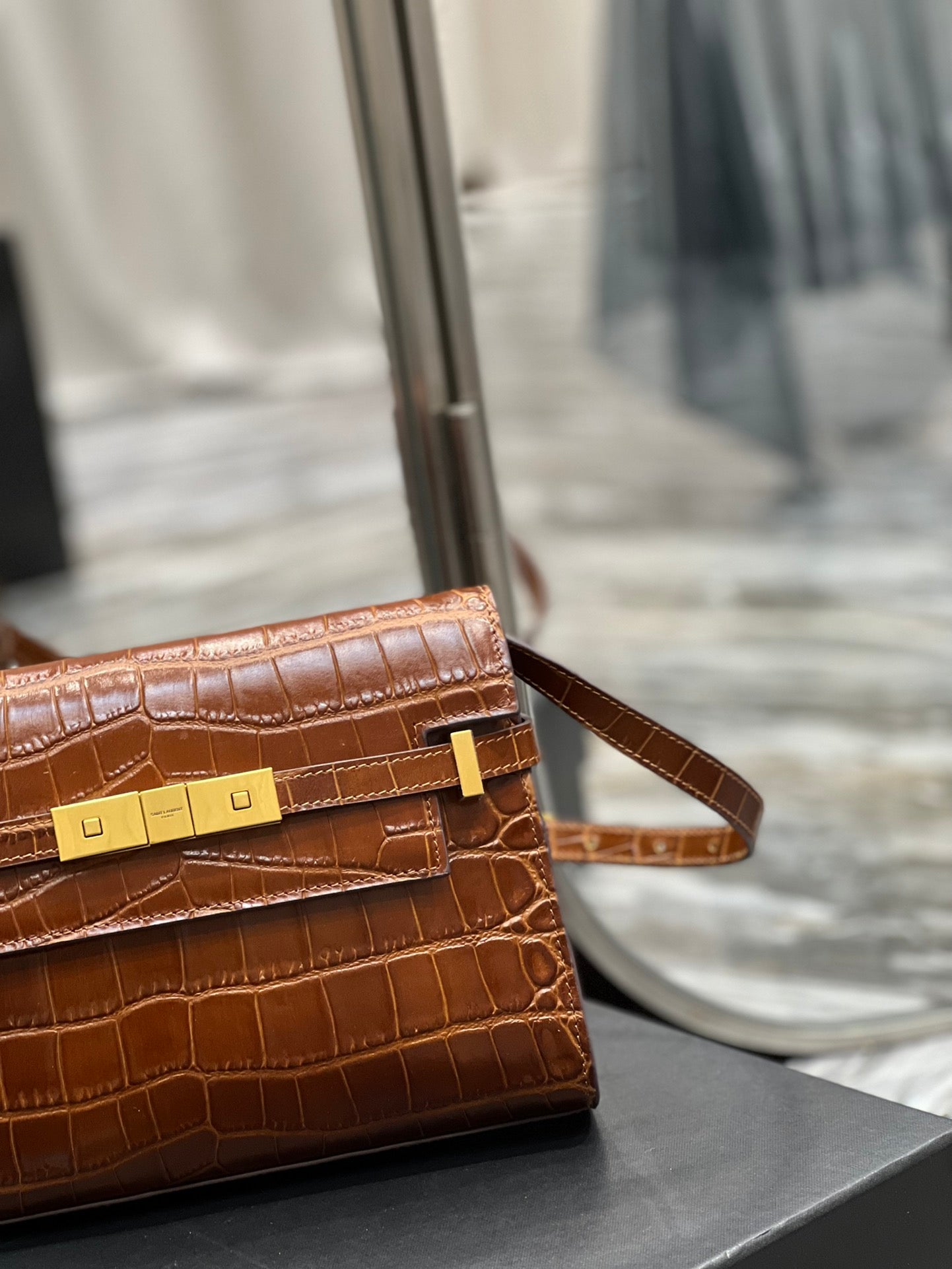 Brown Croc-Embossed Leather Mini Shoulder Bag with Gold Hardware