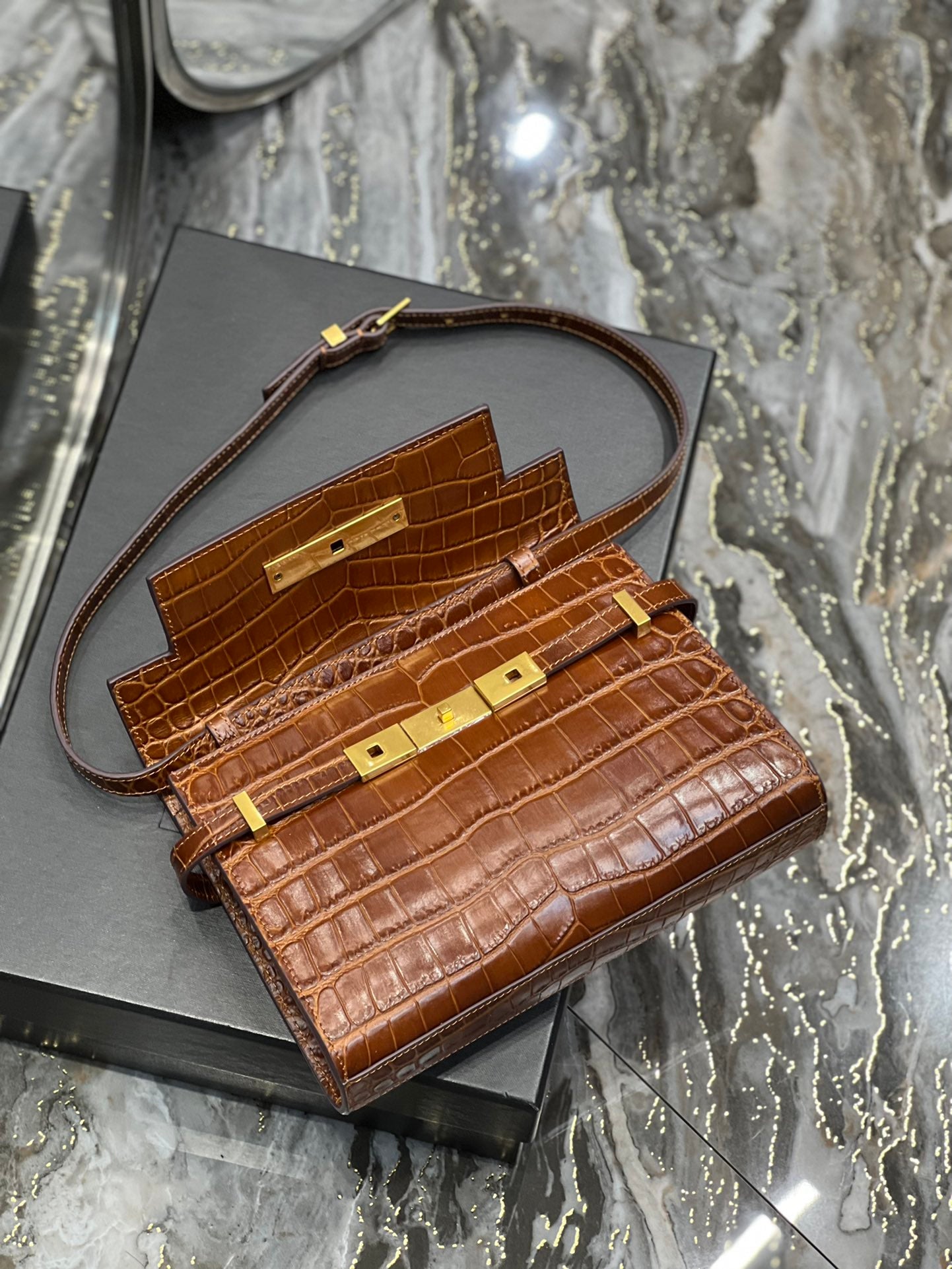 Brown Croc-Embossed Leather Mini Shoulder Bag with Gold Hardware