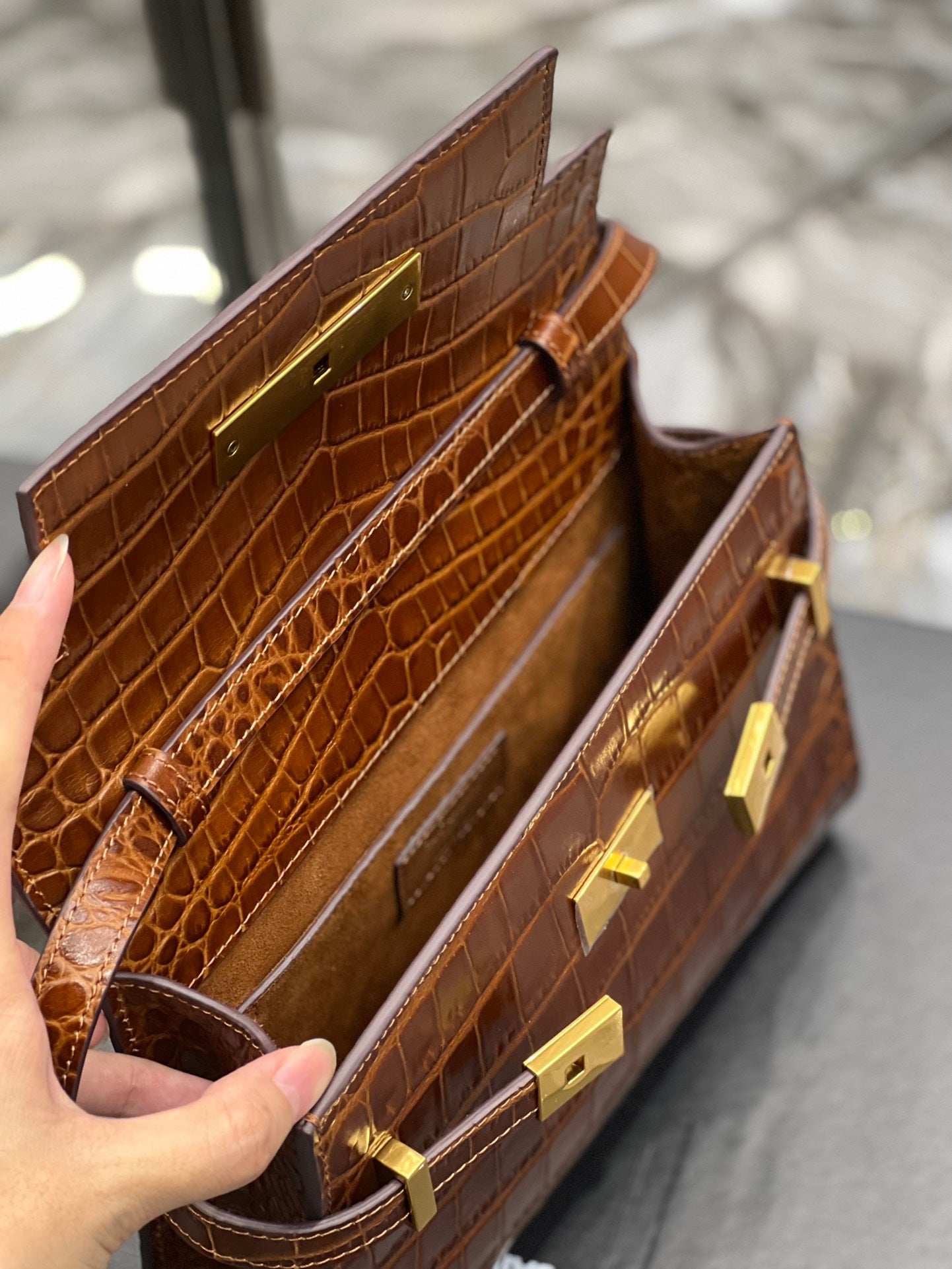Brown Croc-Embossed Leather Mini Shoulder Bag with Gold Hardware