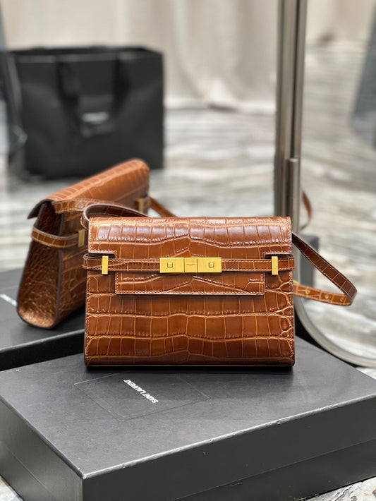 Brown Croc-Embossed Leather Mini Shoulder Bag with Gold Hardware