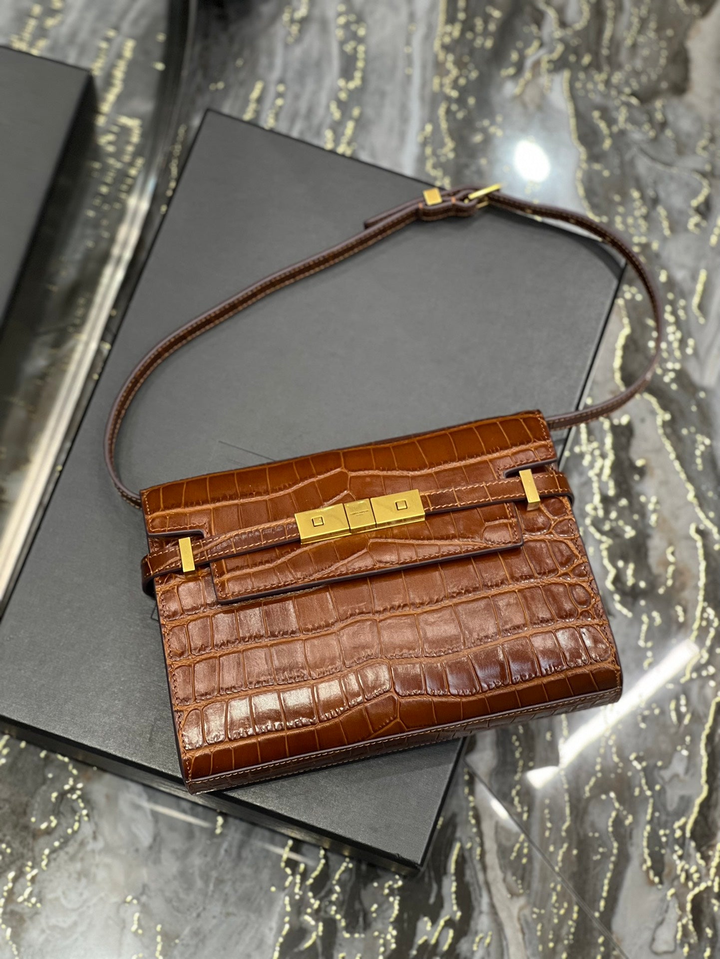 Brown Croc-Embossed Leather Mini Shoulder Bag with Gold Hardware