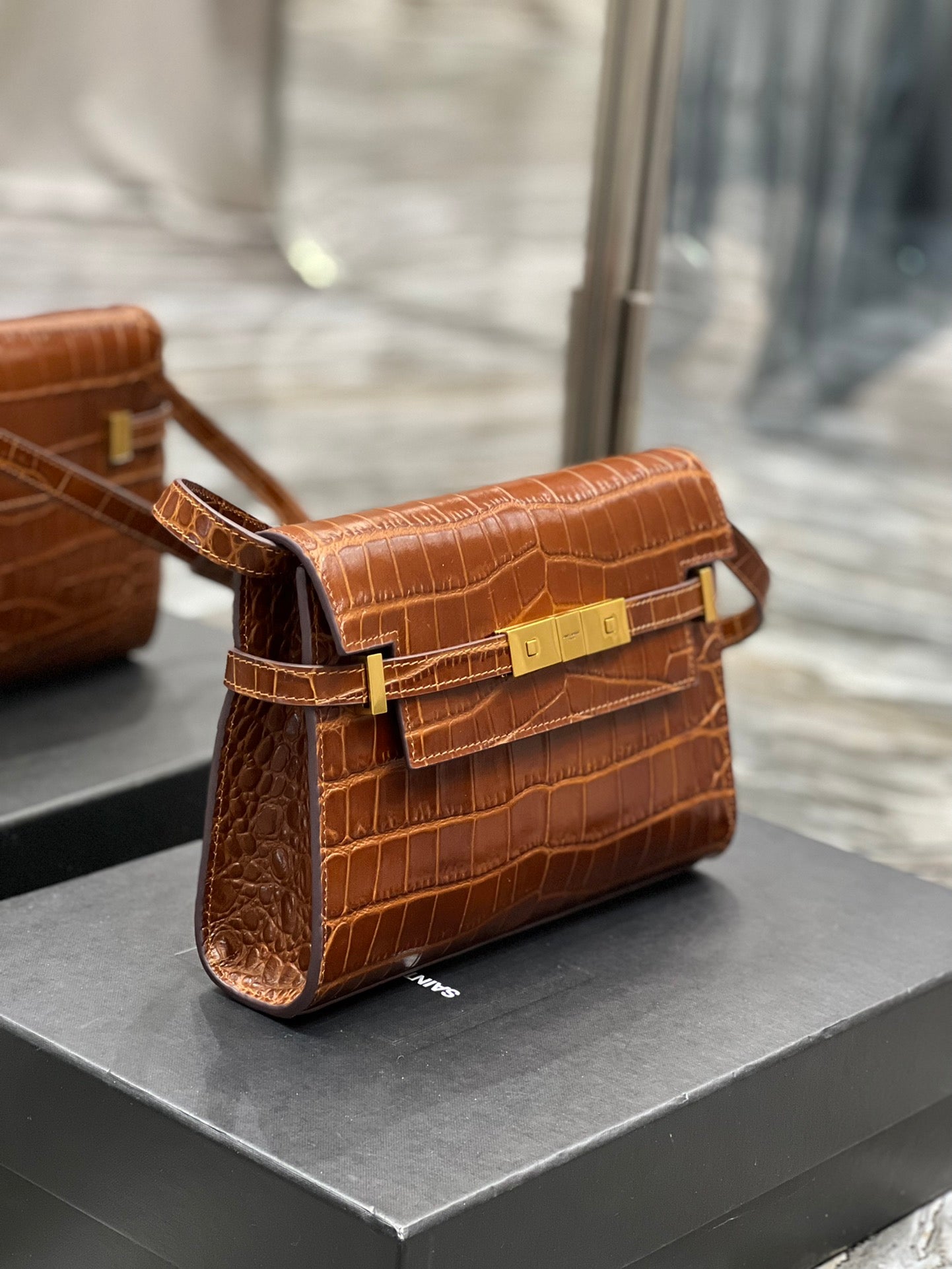 Brown Croc-Embossed Leather Mini Shoulder Bag with Gold Hardware