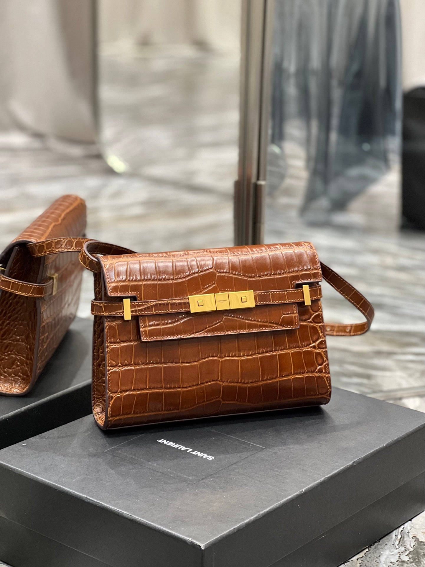 Brown Croc-Embossed Leather Mini Shoulder Bag with Gold Hardware
