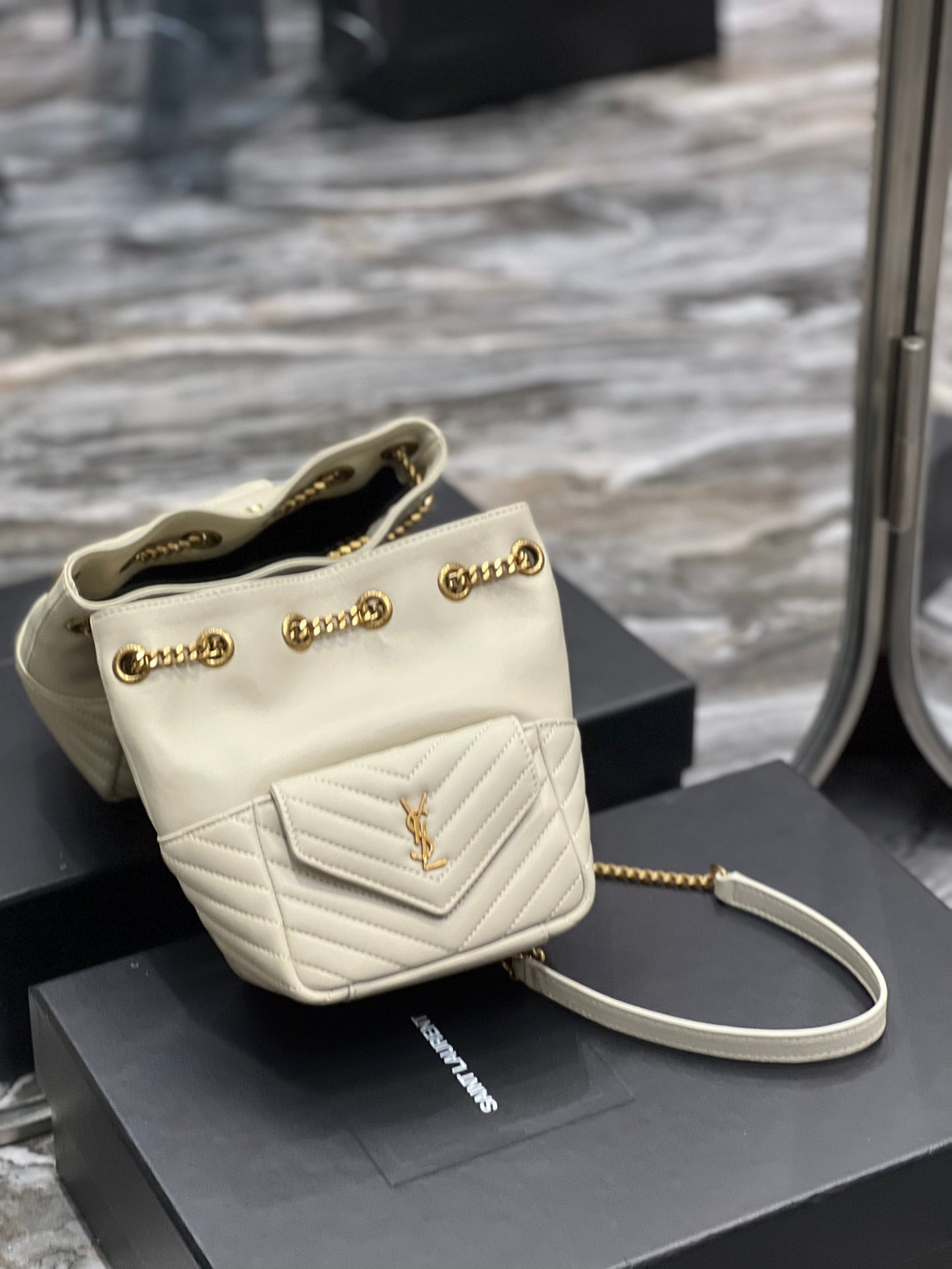 Saint Laurent Joe Mini Bucket Backpack in Quilted Leather - Beige