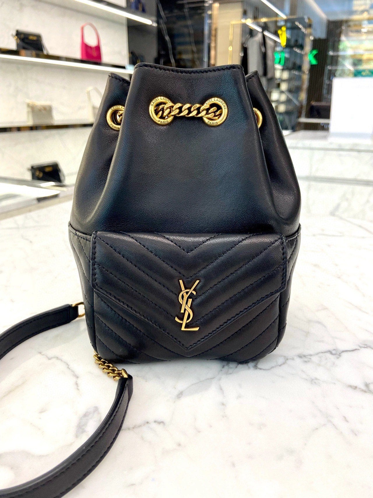 Saint Laurent Joe Mini Bucket Bag in Quilted Lambskin Leather - Black