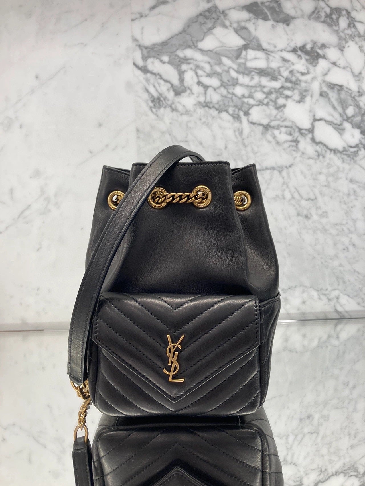 Saint Laurent Black Leather Quilted Bucket Bag and White Leather Loafers Set