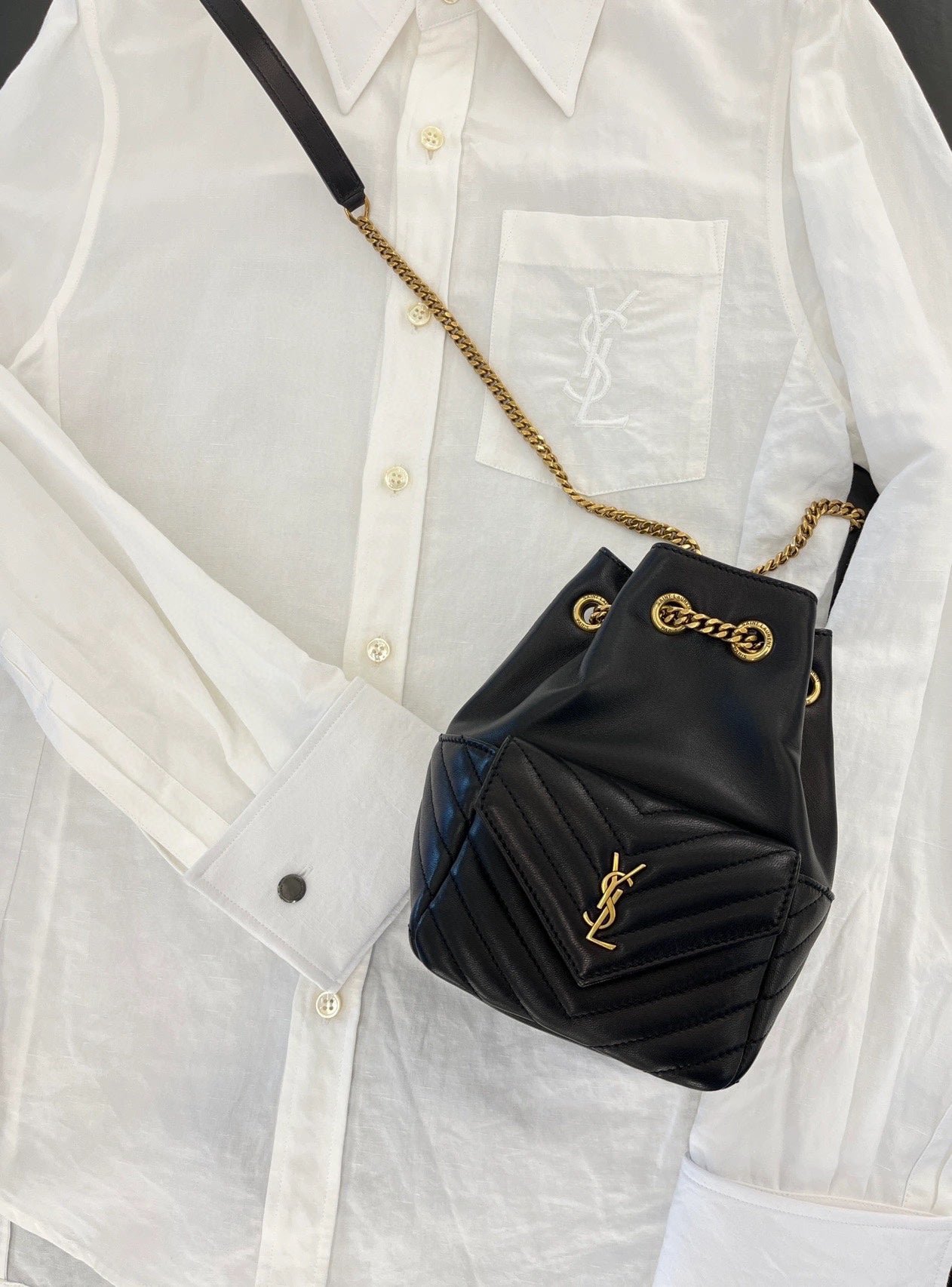 Saint Laurent Black Leather Quilted Bucket Bag and White Leather Loafers Set