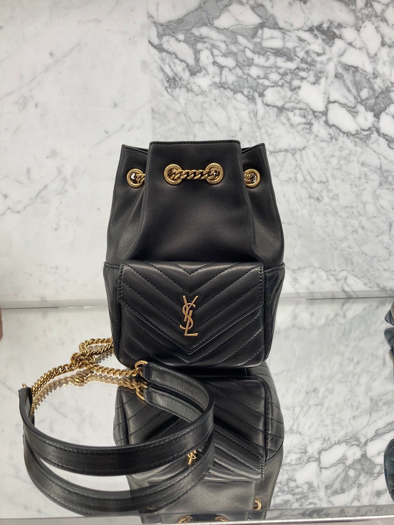 Saint Laurent Black Leather Quilted Bucket Bag and White Leather Loafers Set