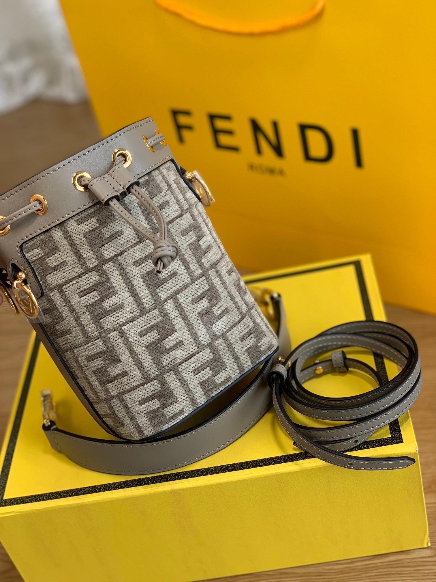 Fendi Mon Tresor Mini FF Monogram Bucket Bag in Grey Fabric