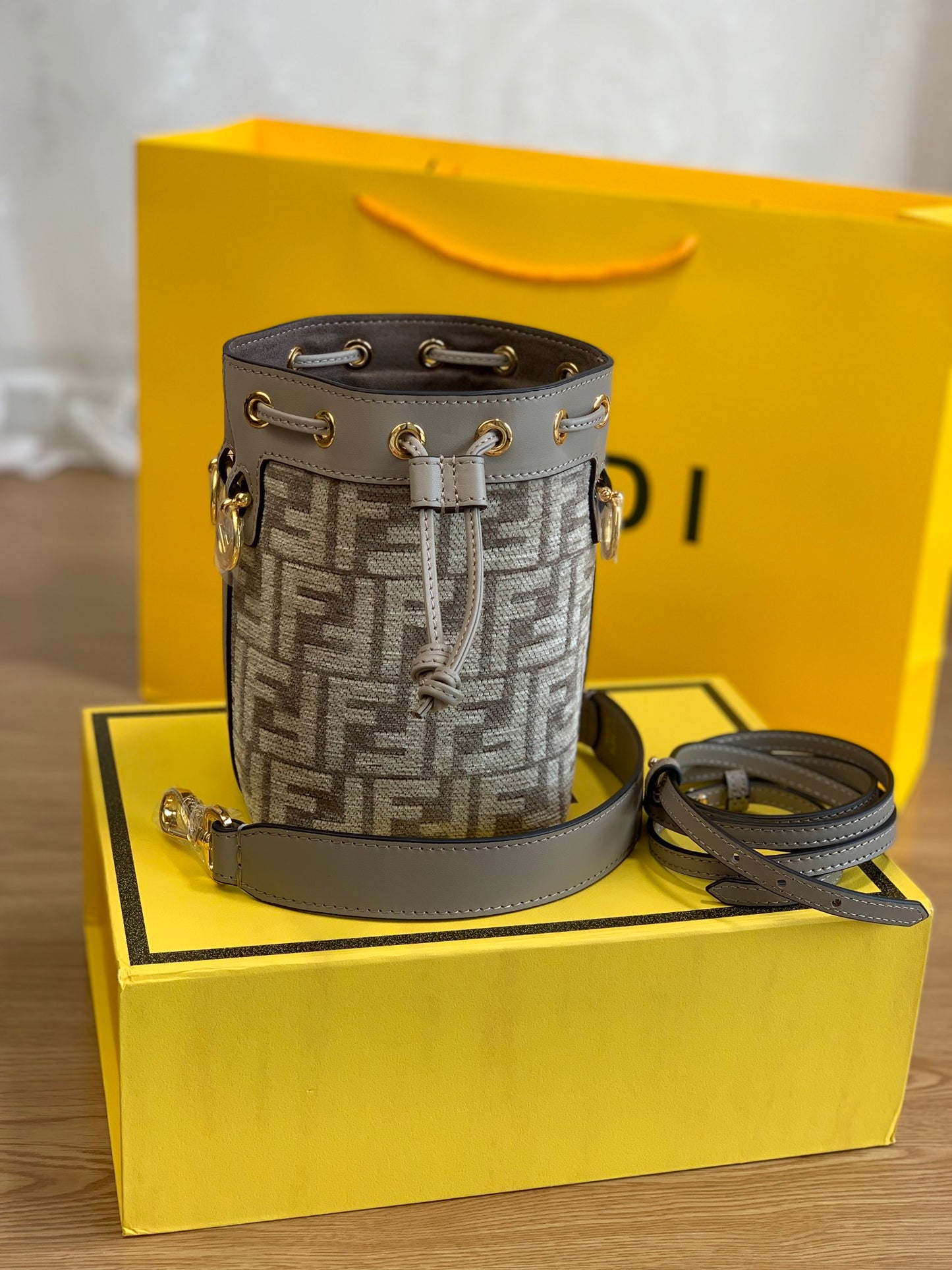 Fendi Mon Tresor Mini Bucket Bag - Grey FF Zucca Canvas with Leather Trim