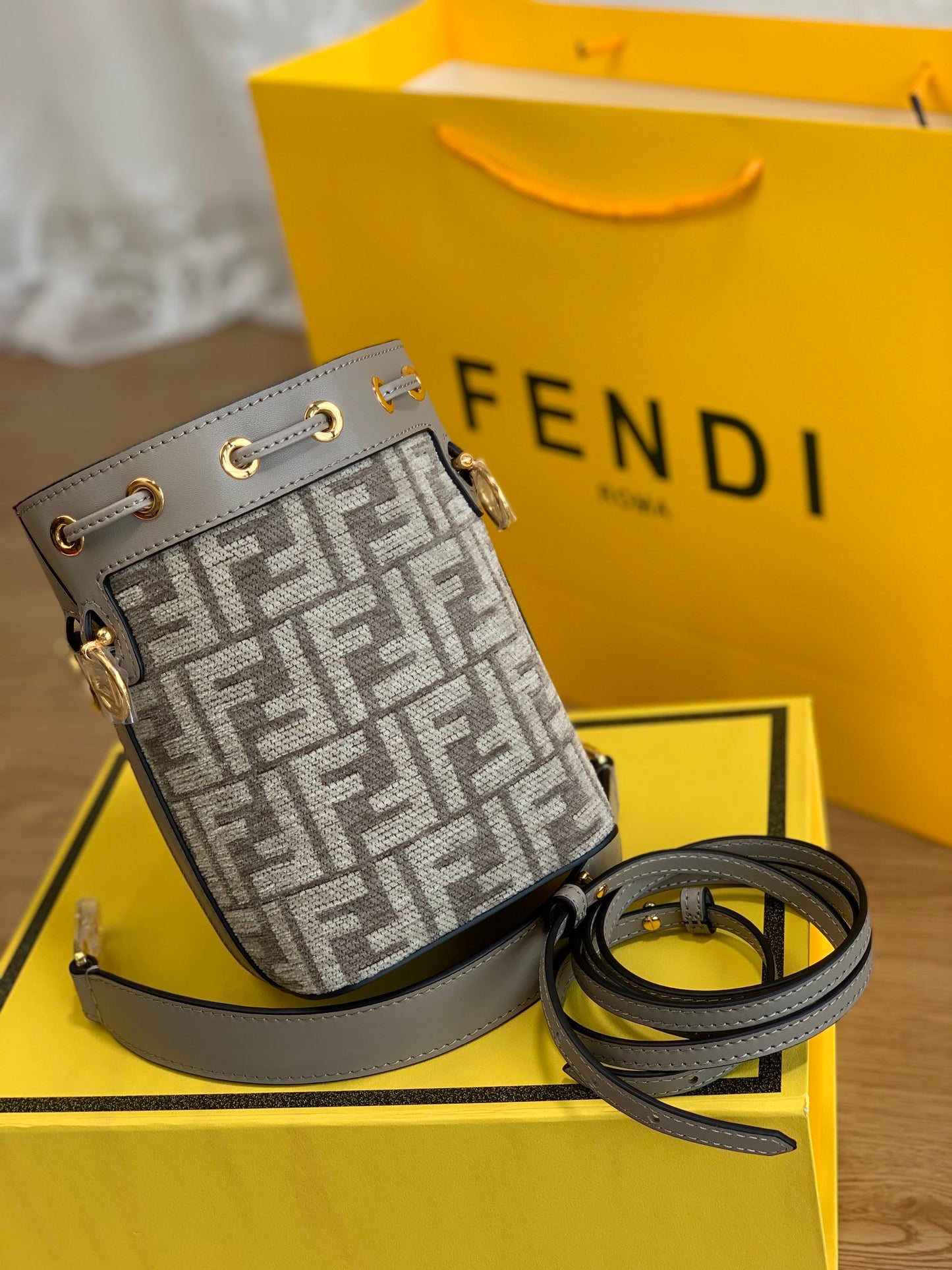 Fendi Mon Tresor Mini Bucket Bag - Grey FF Zucca Canvas with Leather Trim