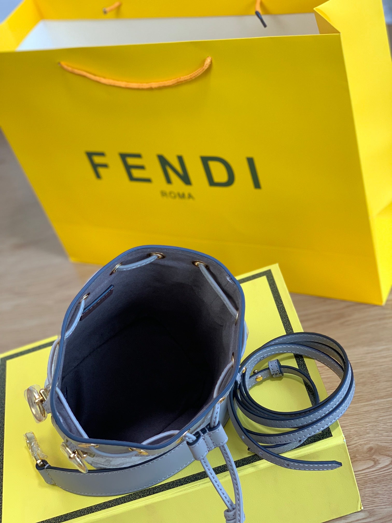 Fendi Mon Tresor Mini FF Monogram Bucket Bag in Grey Fabric