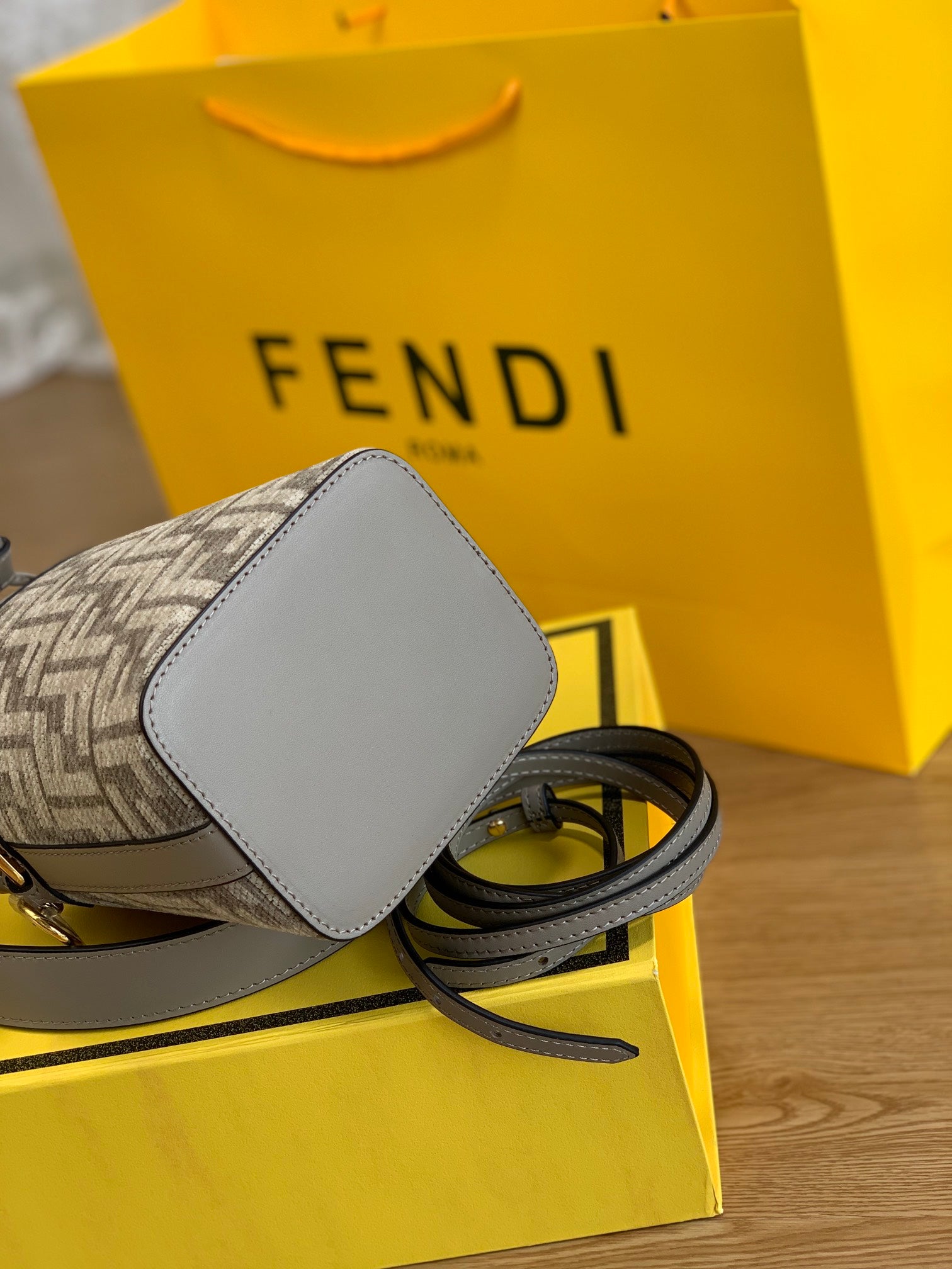 Fendi Mon Tresor Mini FF Monogram Bucket Bag in Grey Fabric