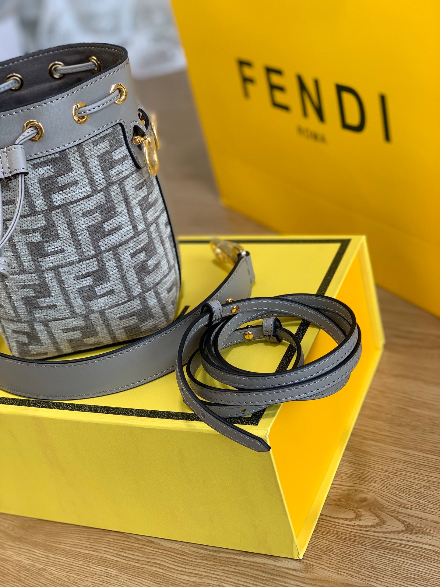 Fendi Mon Tresor Mini FF Monogram Bucket Bag in Grey Fabric