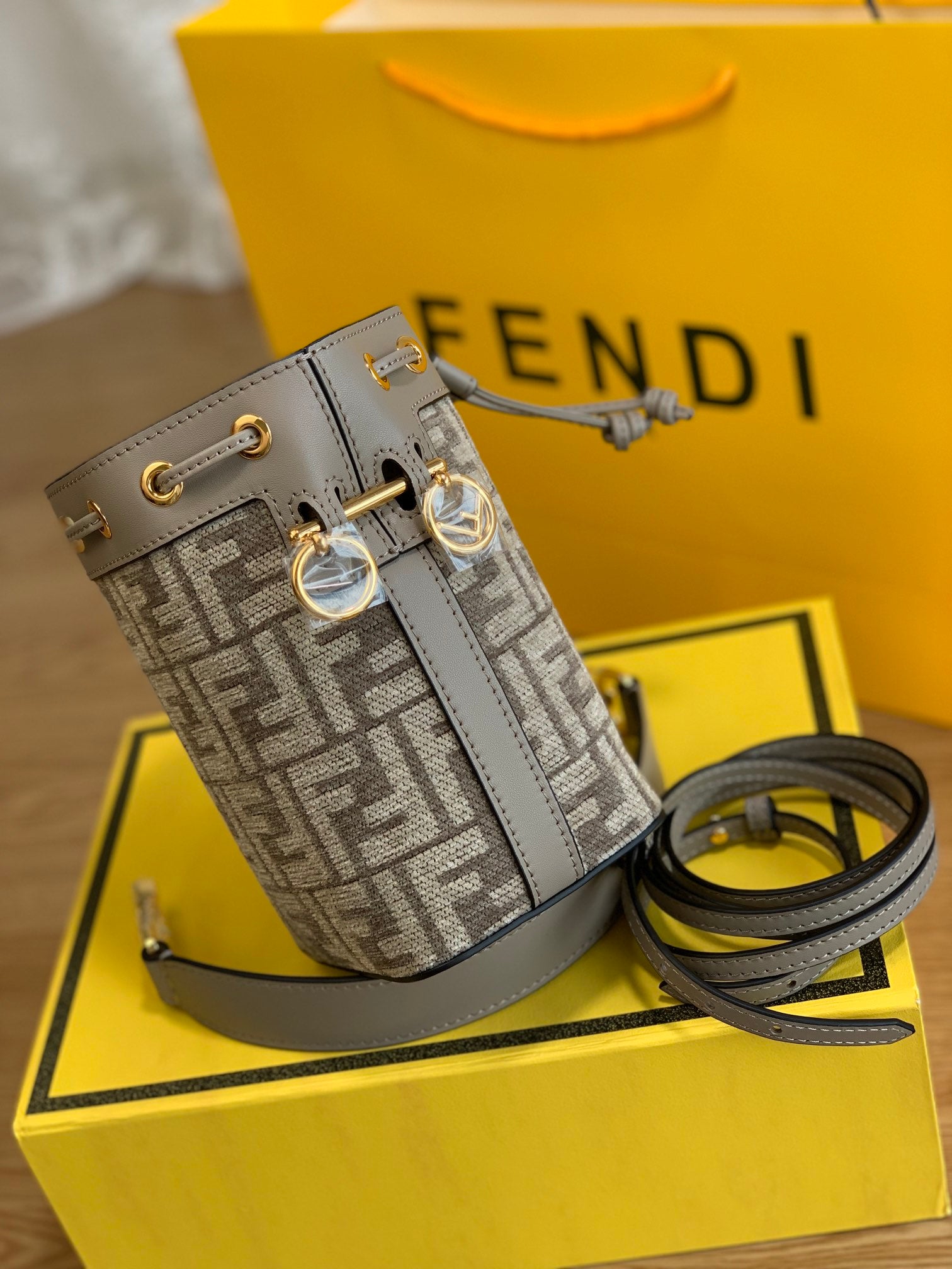 Fendi Mon Tresor Mini FF Monogram Bucket Bag in Grey Fabric