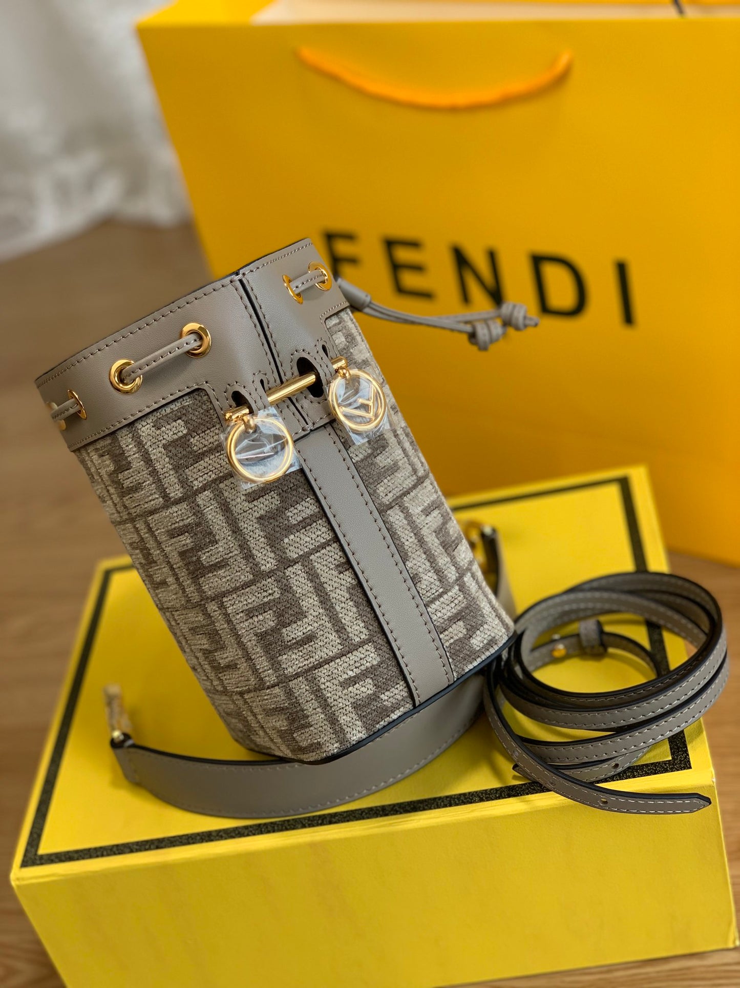 Fendi Mon Tresor Mini Bucket Bag - Grey FF Zucca Canvas with Leather Trim