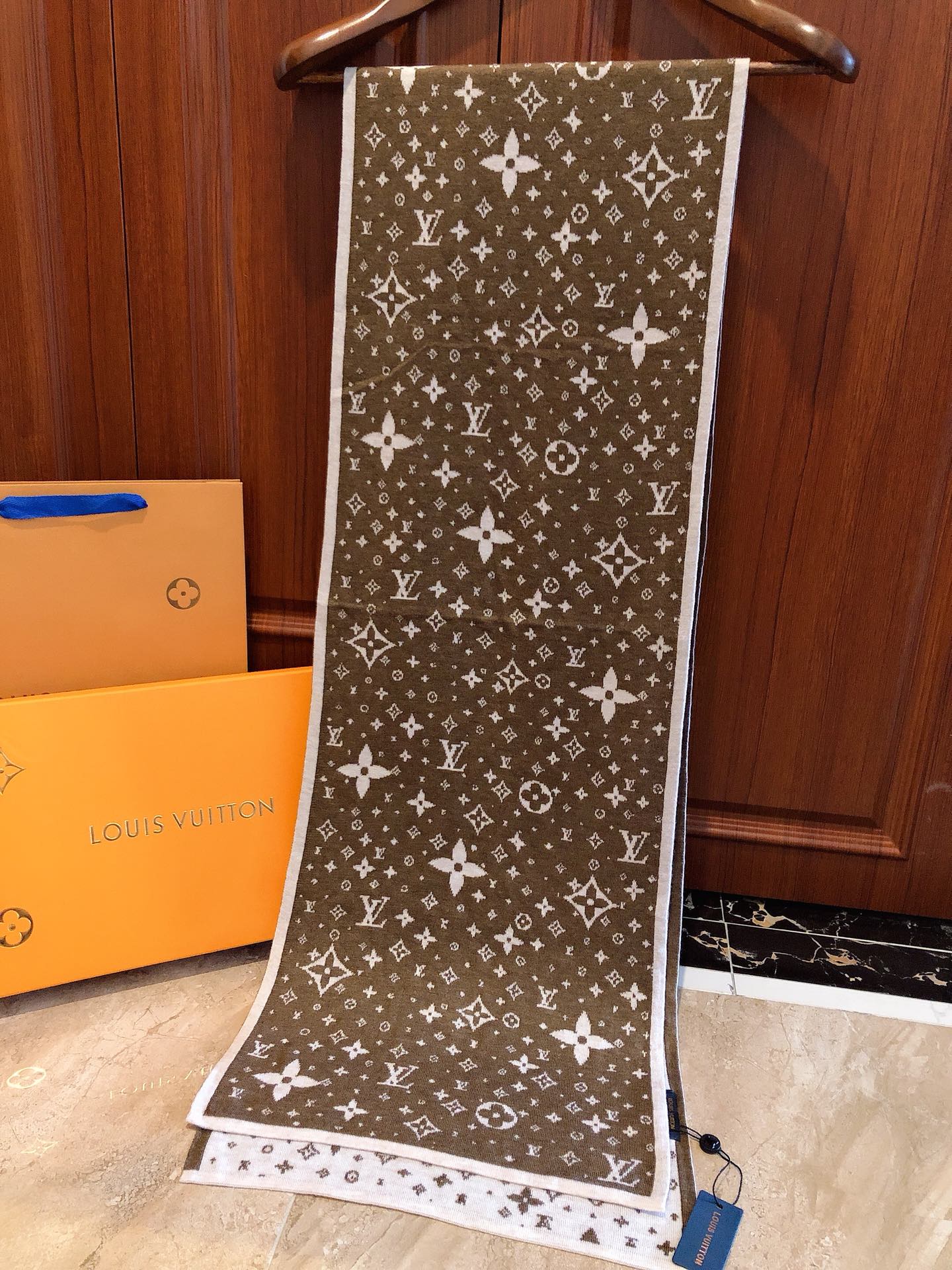 Luxury Brown Monogram Print Scarf for Women, Elegant Silk Blend Fashion Neck Wrap with White Trim