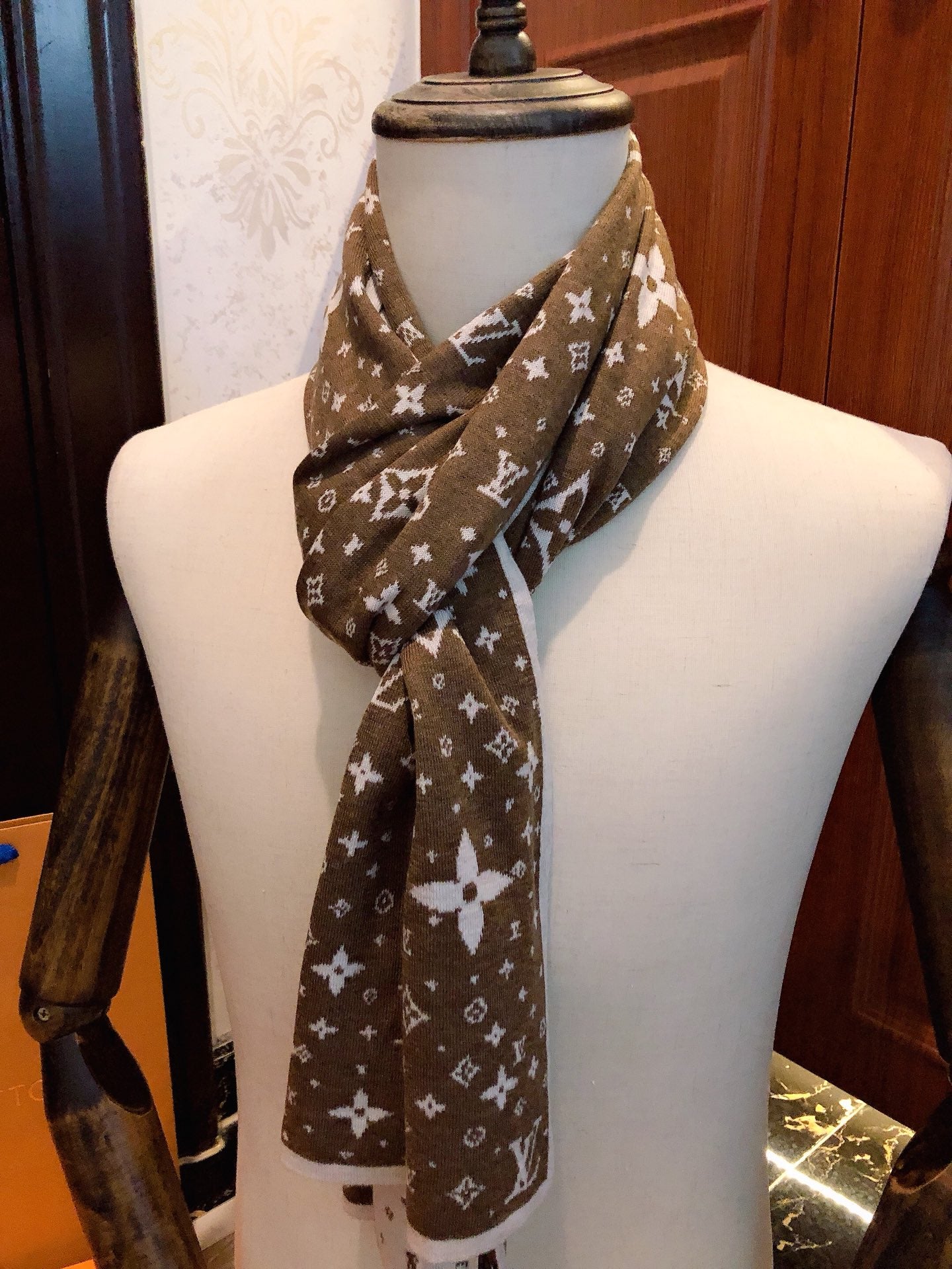 Luxury Brown Monogram Print Scarf for Women, Elegant Silk Blend Fashion Neck Wrap with White Trim