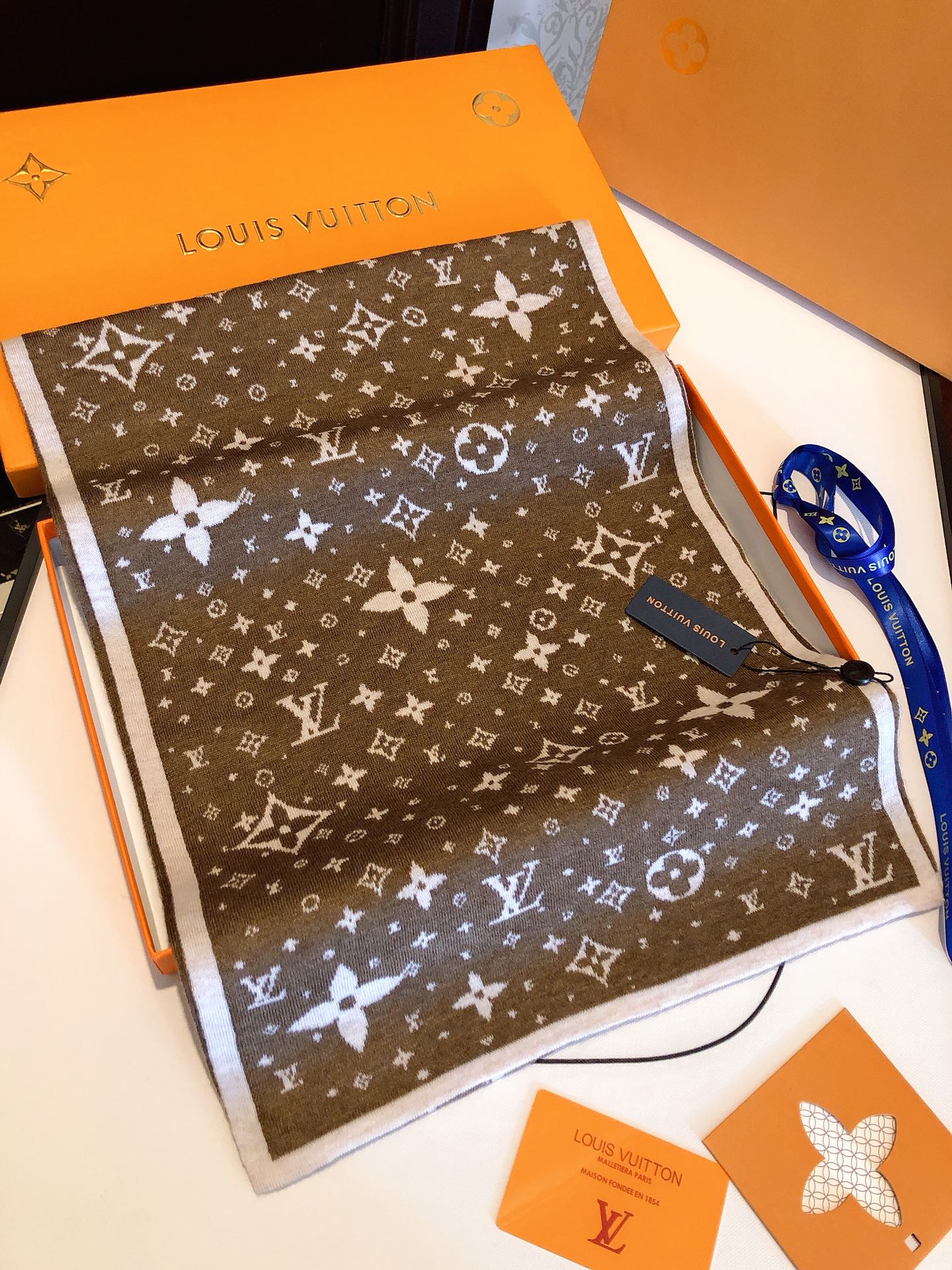 Luxury Brown Monogram Print Scarf for Women, Elegant Silk Blend Fashion Neck Wrap with White Trim
