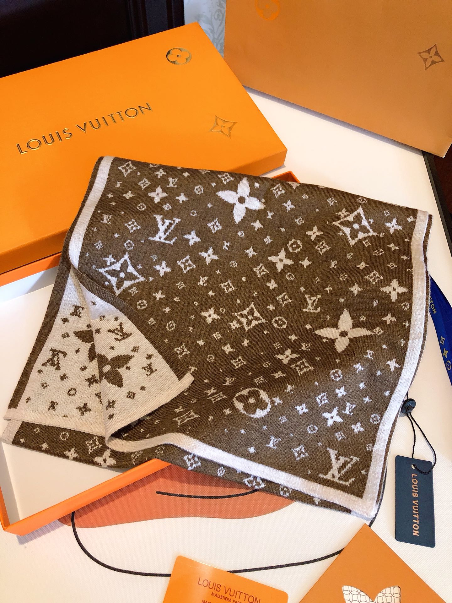 Luxury Brown Monogram Print Scarf for Women, Elegant Silk Blend Fashion Neck Wrap with White Trim