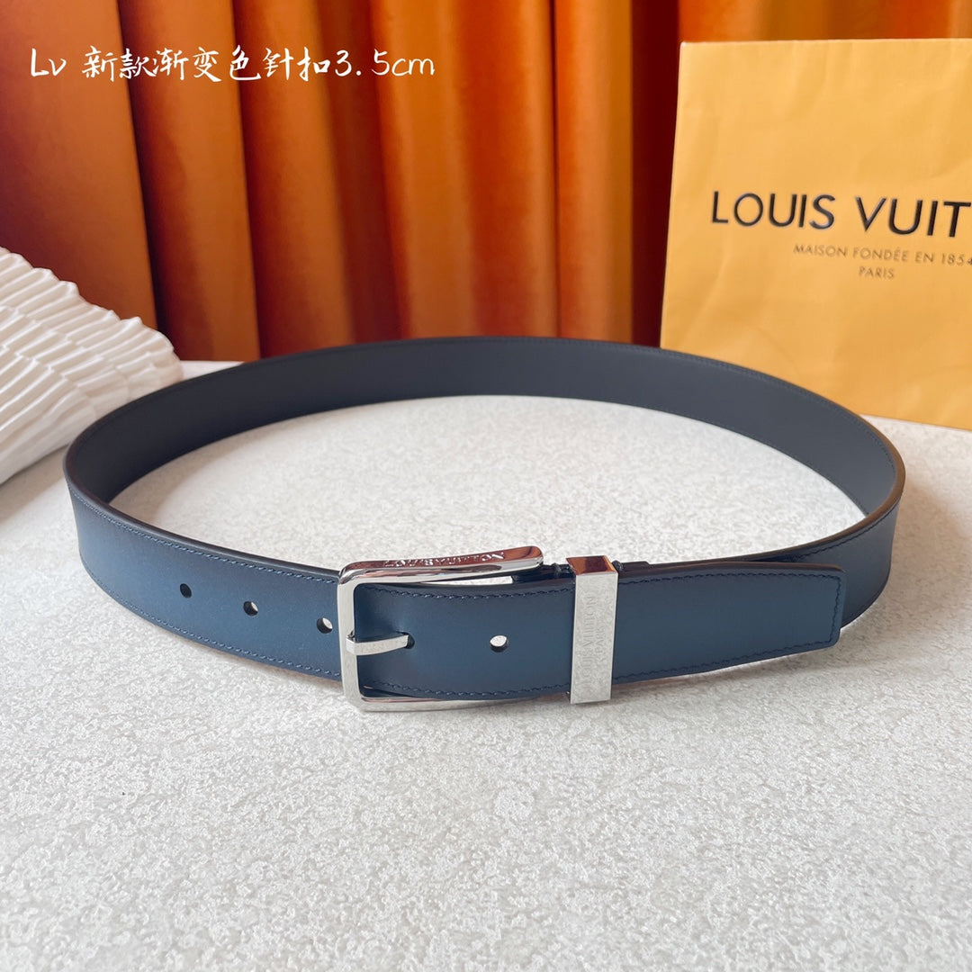 Louis Vuitton Men's Blue Gradient Leather Belt with Silver Pin Buckle, 3.5cm Width