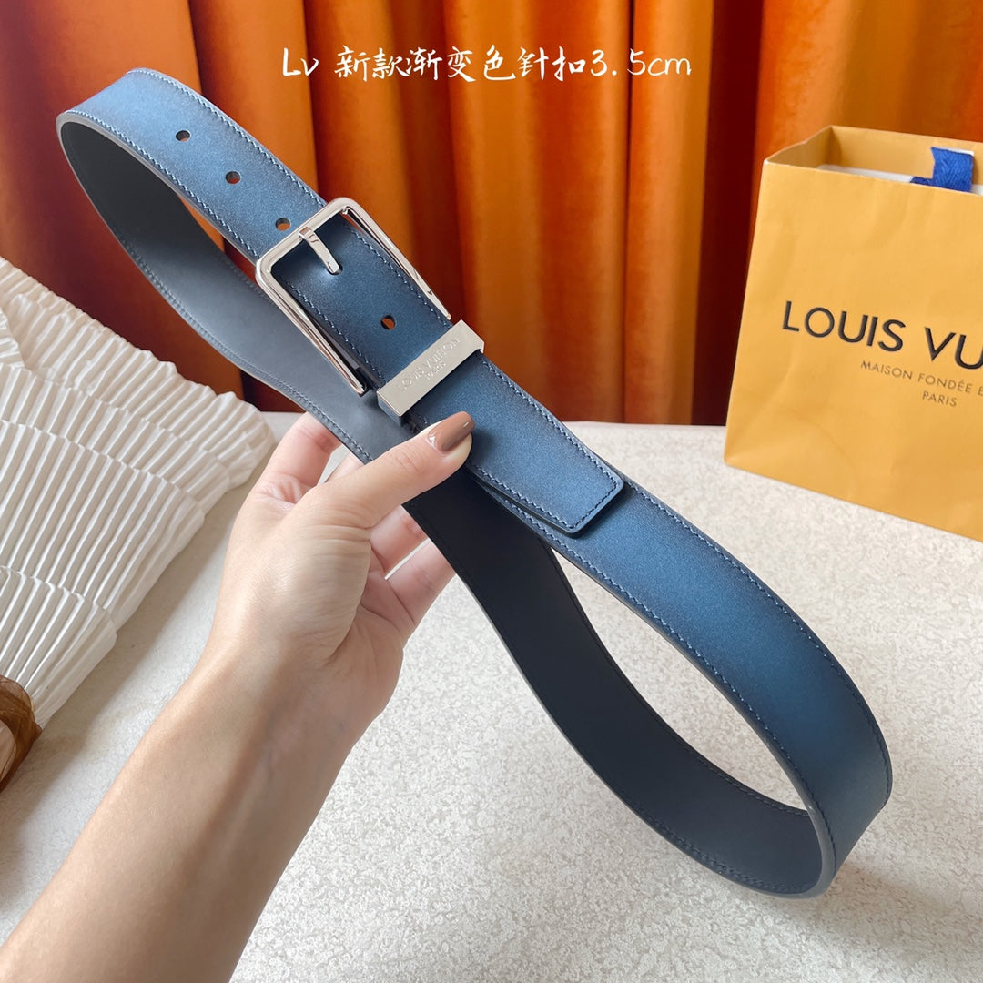 Louis Vuitton Men's Blue Gradient Leather Belt with Silver Pin Buckle, 3.5cm Width