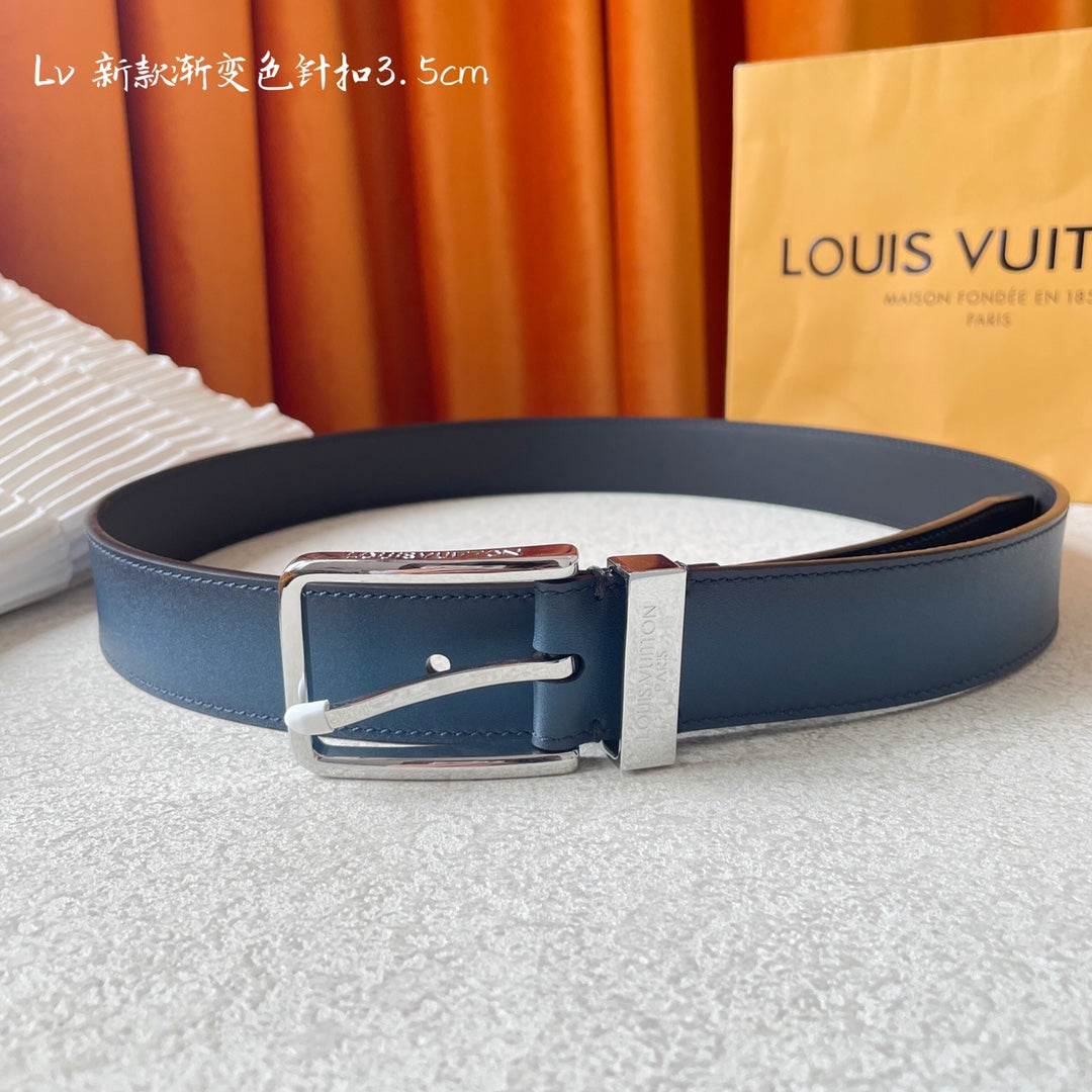 Louis Vuitton Men's Blue Gradient Leather Belt with Silver Pin Buckle, 3.5cm Width
