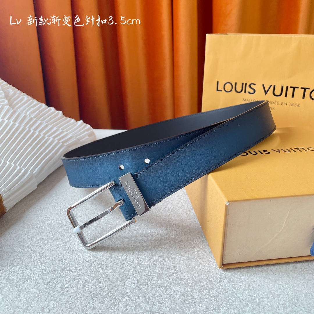 Louis Vuitton Men's Blue Gradient Leather Belt with Silver Pin Buckle, 3.5cm Width