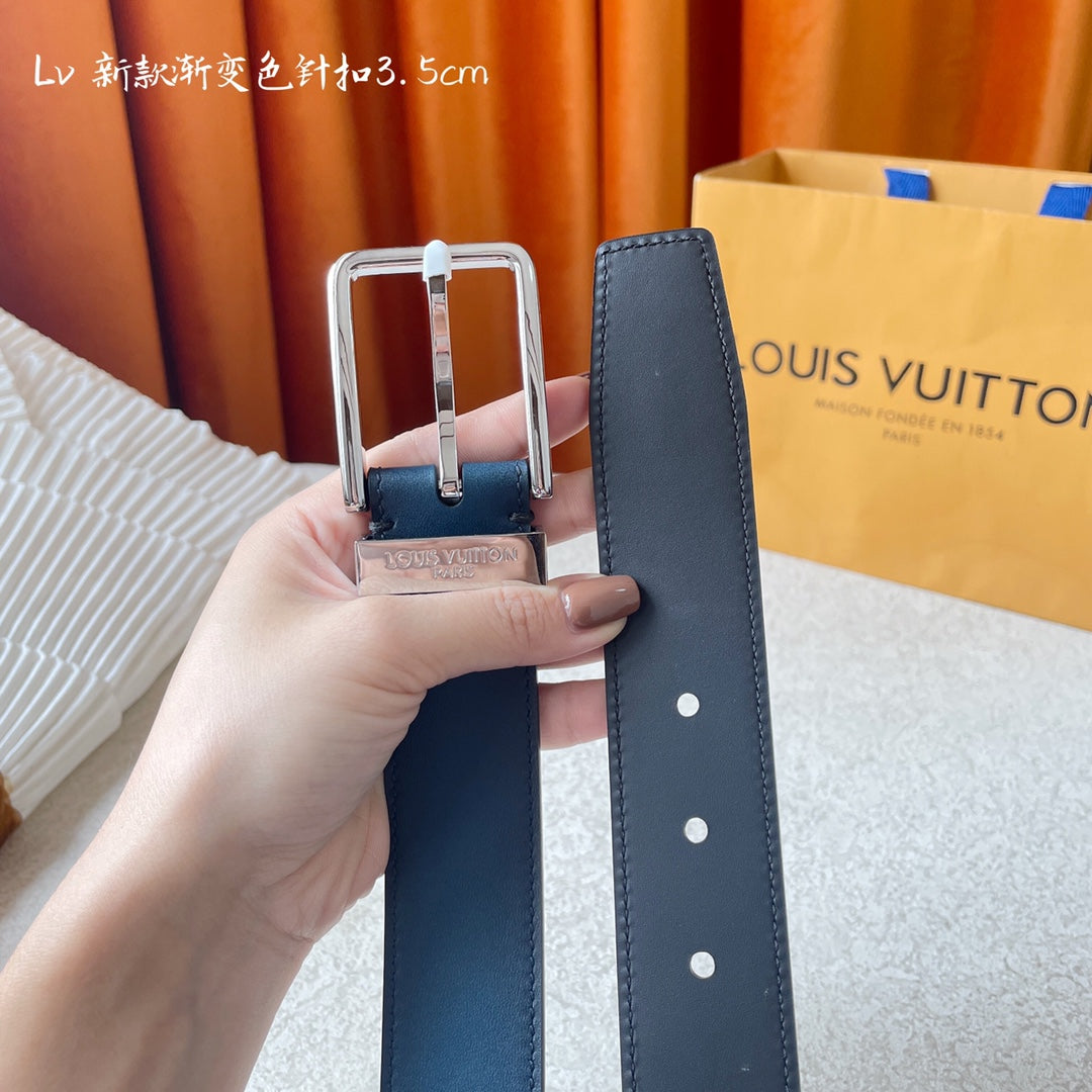 Louis Vuitton Men's Blue Gradient Leather Belt with Silver Pin Buckle, 3.5cm Width