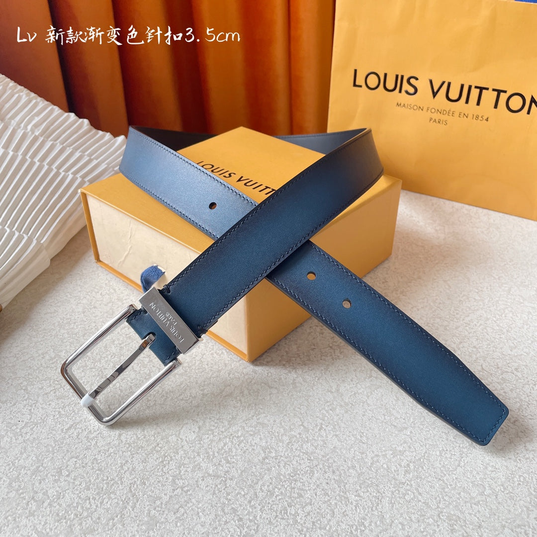 Louis Vuitton Men's Blue Gradient Leather Belt with Silver Pin Buckle, 3.5cm Width