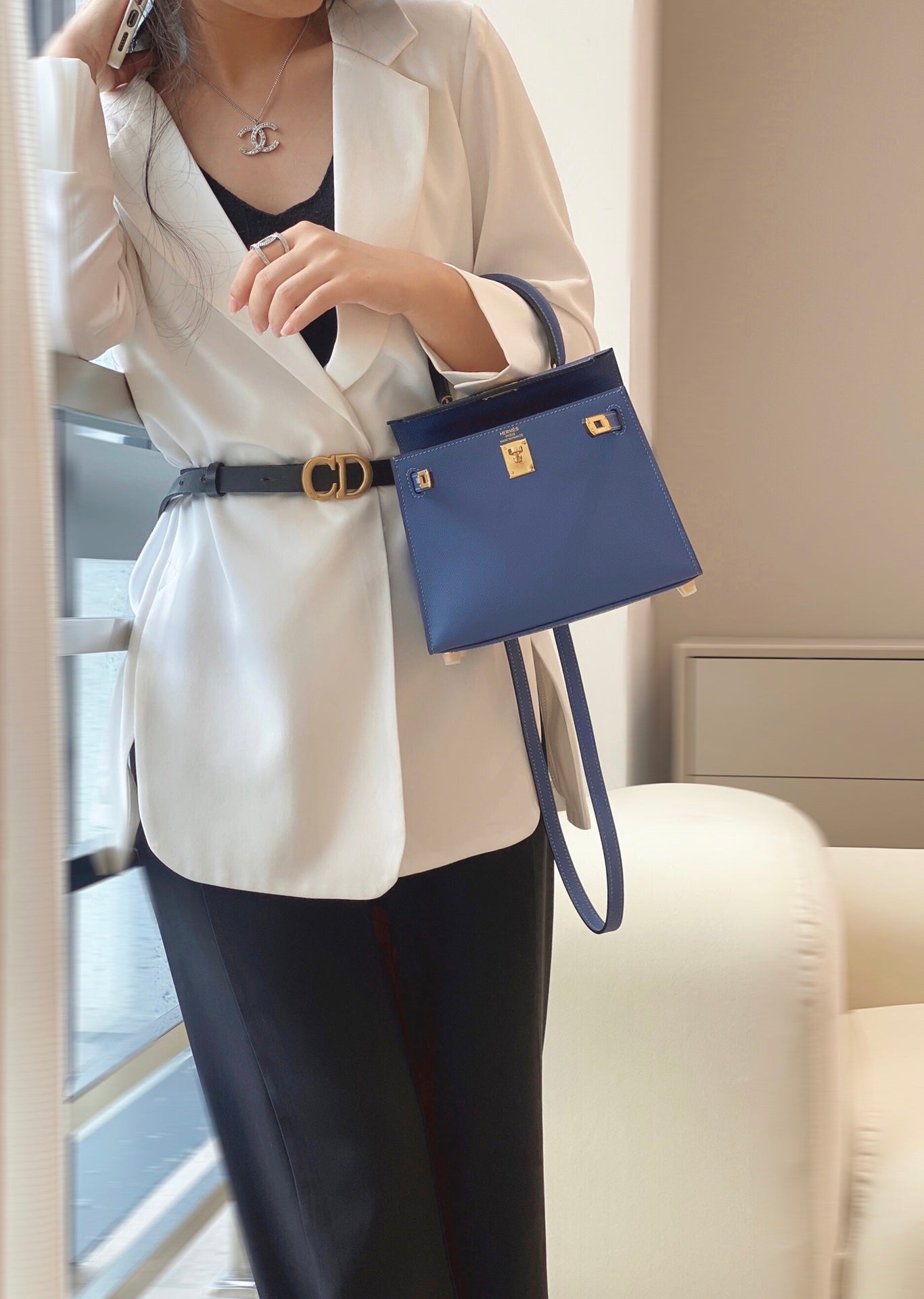Women's Royal Blue Leather Top Handle Crossbody Bag - Elegant Designer Inspired Satchel with Gold Hardware